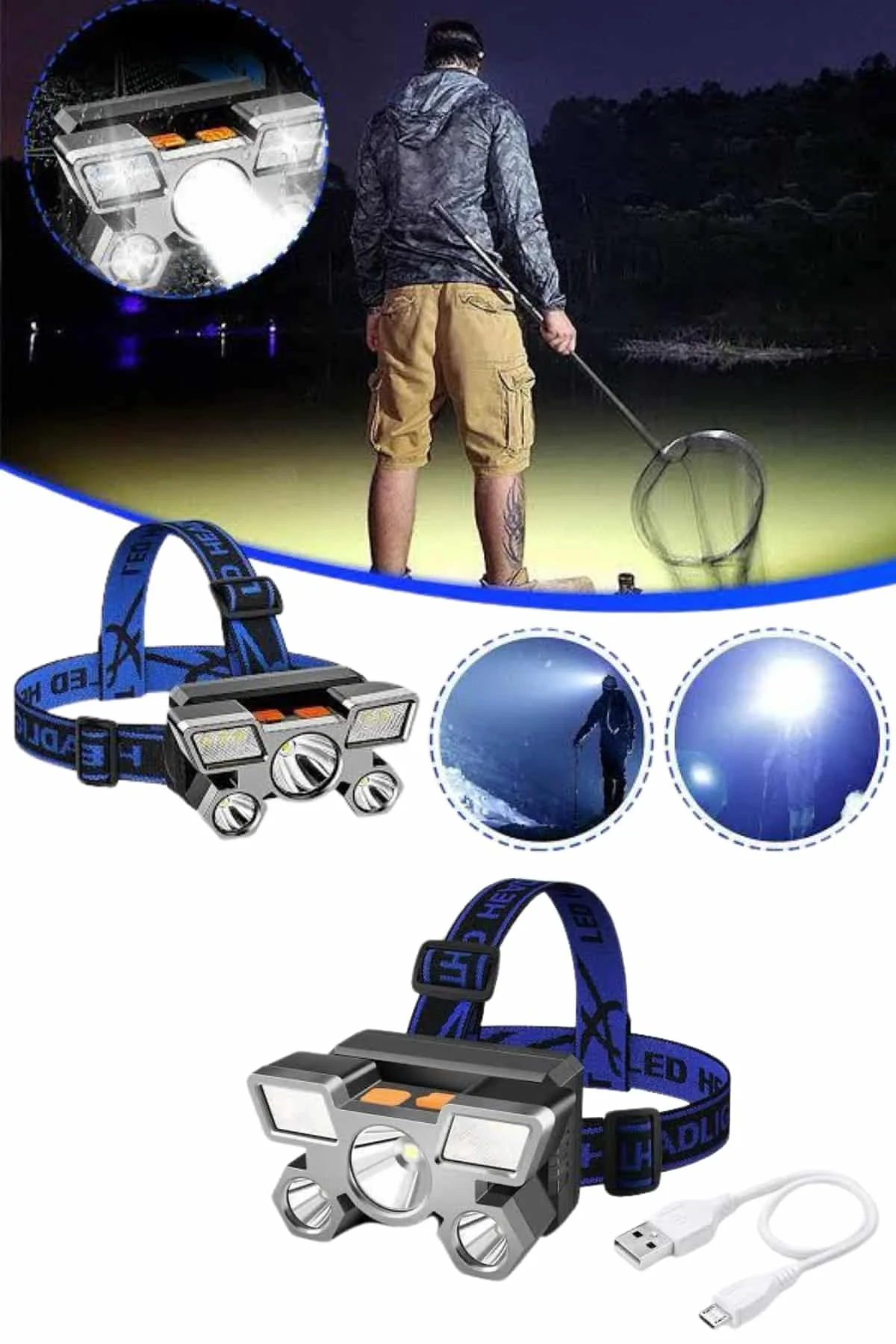 5 LED Far Şarj Edilebilir Güçlü Kafa Lambası Kamp Lambası 4 Modlu