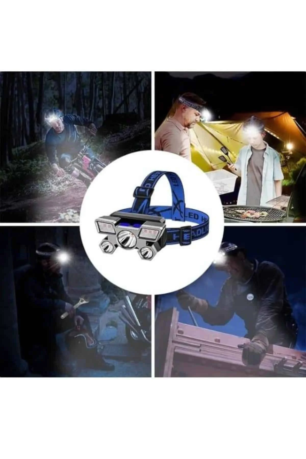 5 LED Far Şarj Edilebilir Güçlü Kafa Lambası Kamp Lambası 4 Modlu