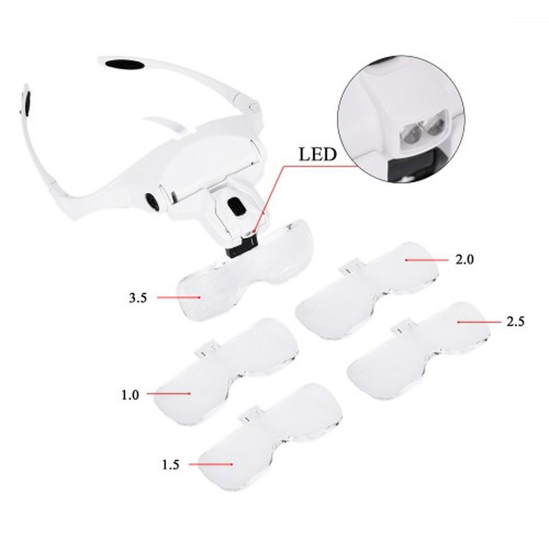 5 Lens 1.0X-3.5X 2Led Işıklı İle Ayarlanabilir Gözlük Büyüteç 989