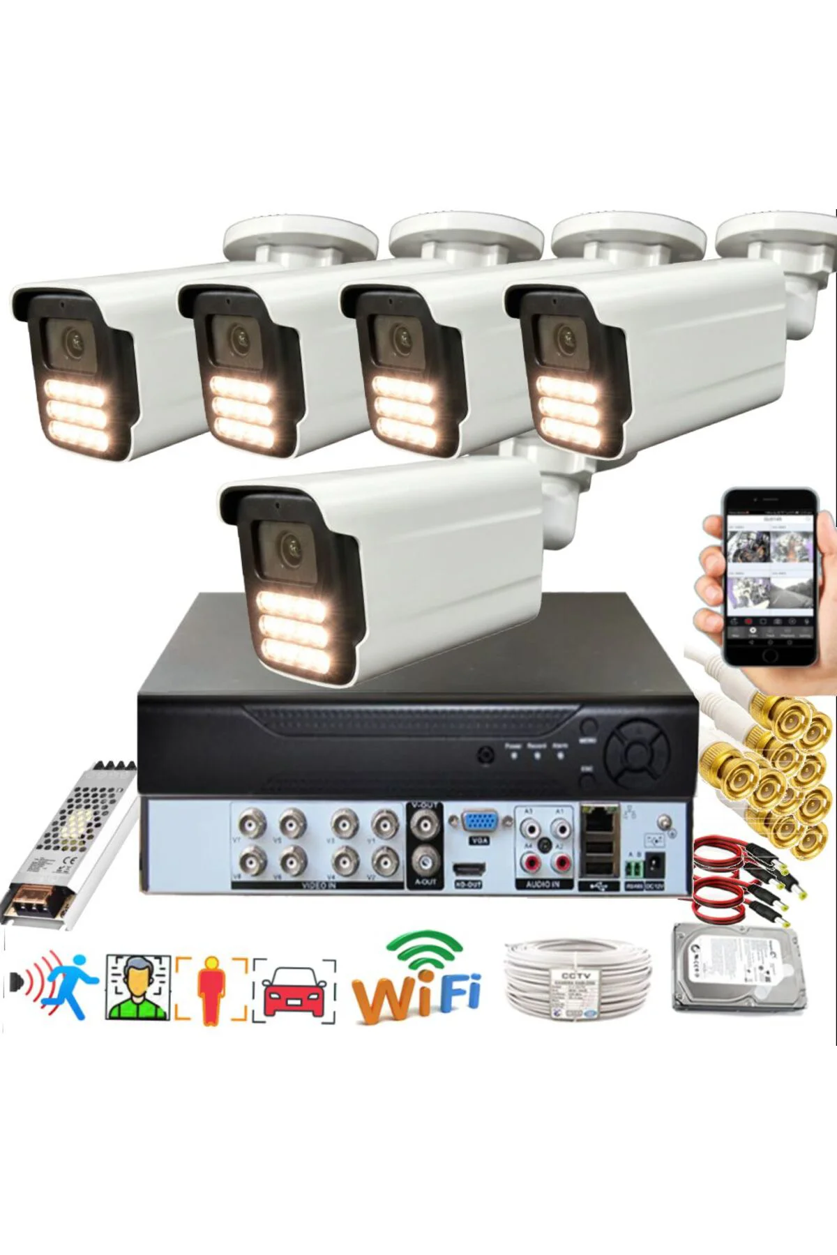 5 li Araç İnsan Yüz Tanımalı Hareket Algılayan 5 MP Lens 15 Warm Led Gece Renkli Kamera Seti 5915W 5 li Araç İnsan Yüz Tanımalı Hareket Algılayan 5 MP Lens 15 Warm Led Gece Renkli Kamera Seti 5915W