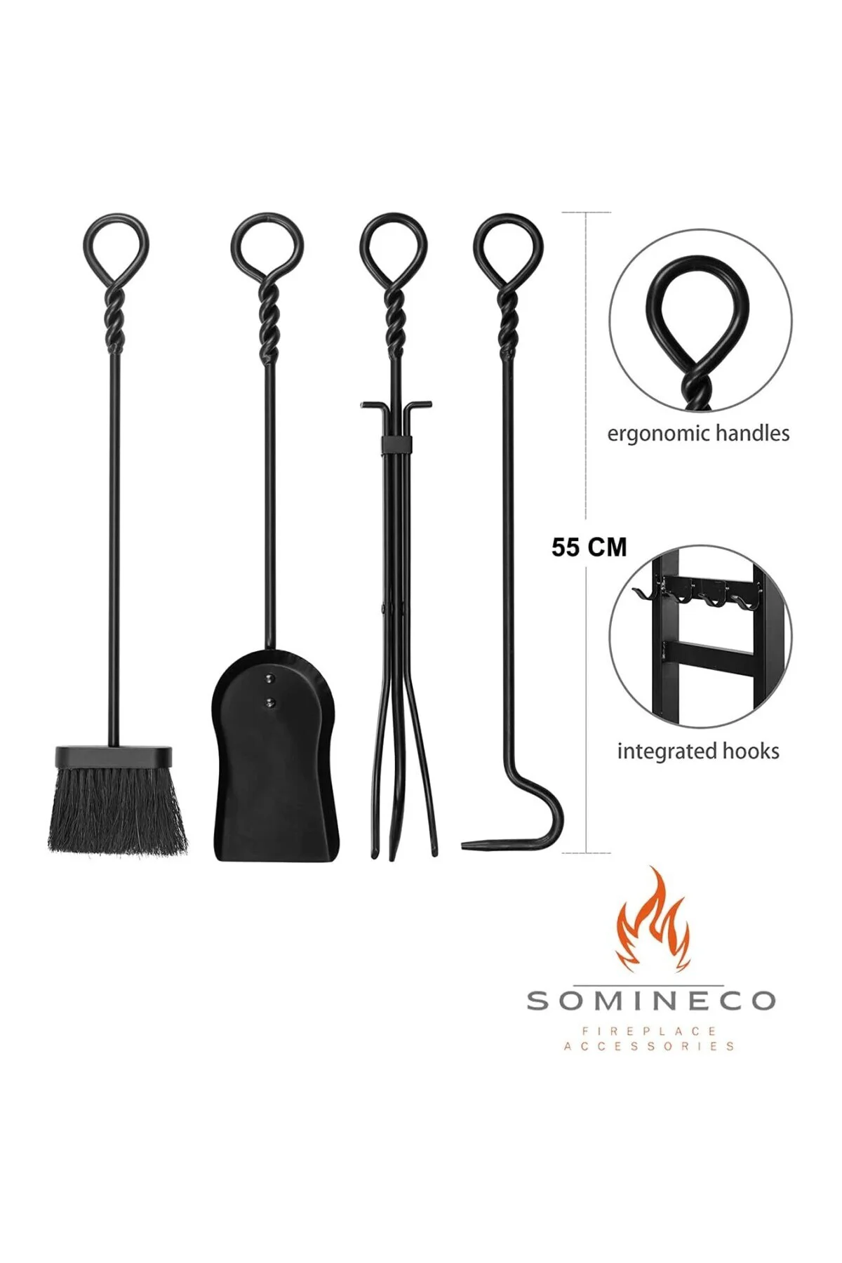 5 Li Ithal Metal Odunluklu Tel Detaylı Şömine-Soba Maşa Takımı Ak