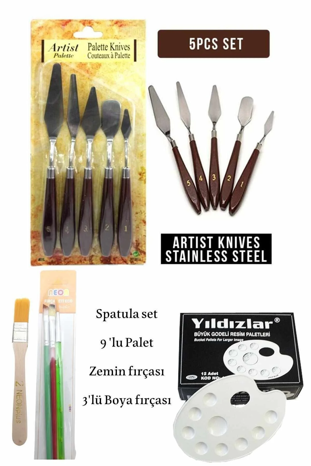 5 Li Metal Spatula Seti Zemin Fırçası Boya Fırçası Akrilik Yağlı 