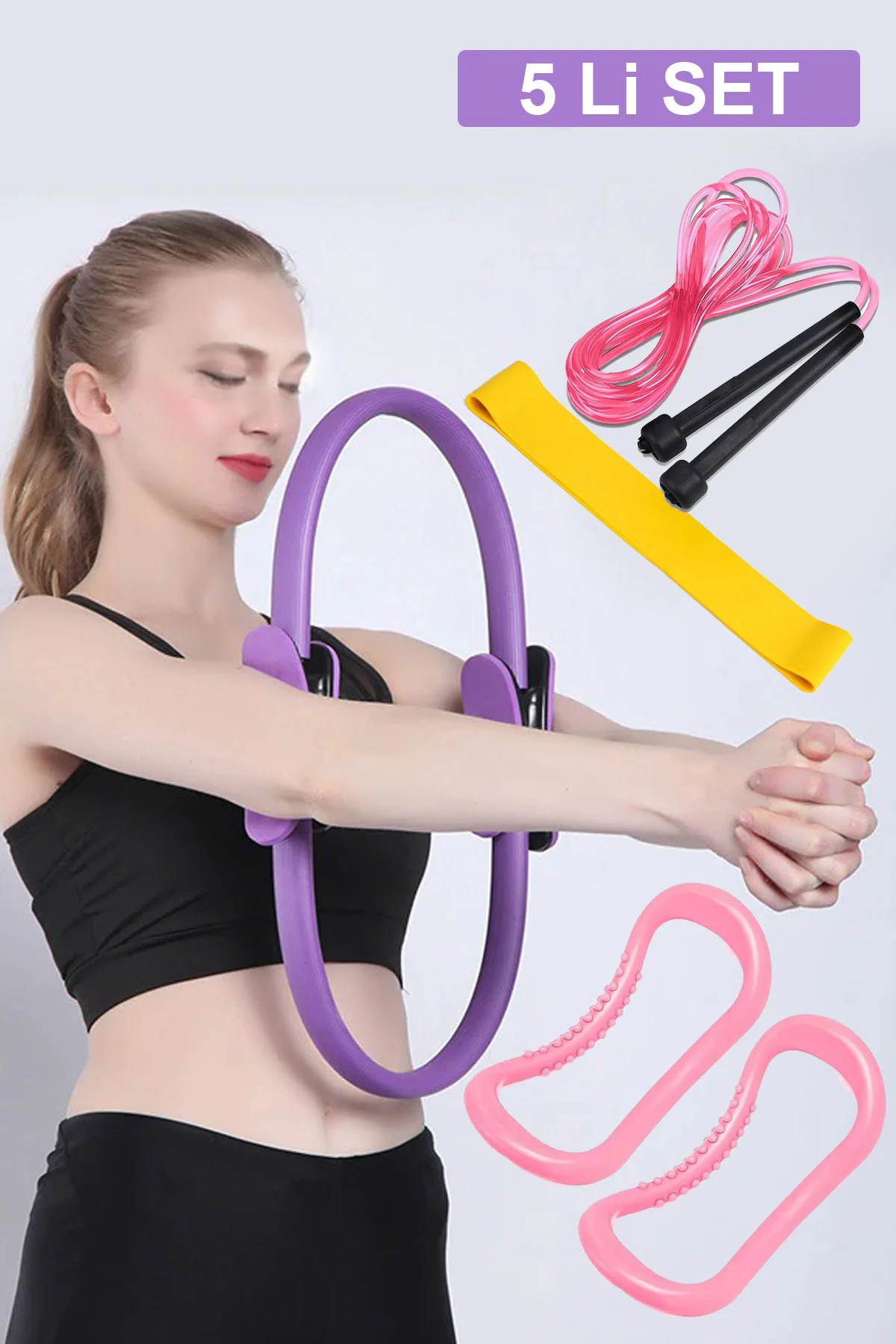5 Li Pilates Seti, Pilates Çemberi 2 Li Yoga Ring Yüzüğü Squat Ae