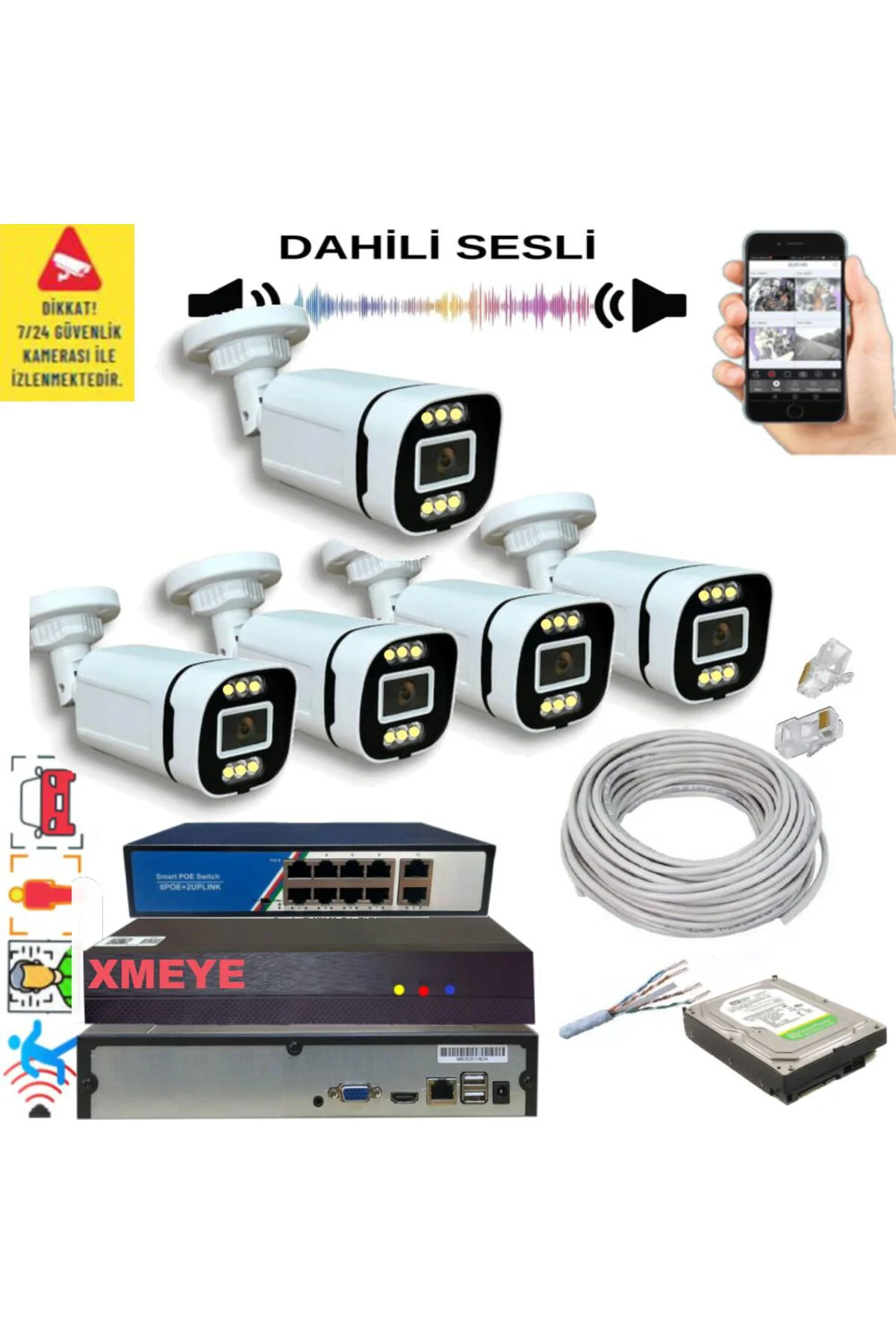 5 li Yapay Zeka Destekli 5 MP Görüntü POE li Sesli 6 Warm Led Gece Renkli IP Kamera Seti 4386WS 5 li Yapay Zeka Destekli 5 MP Görüntü POE li Sesli 6 Warm Led Gece Renkli IP Kamera Seti 4386WS