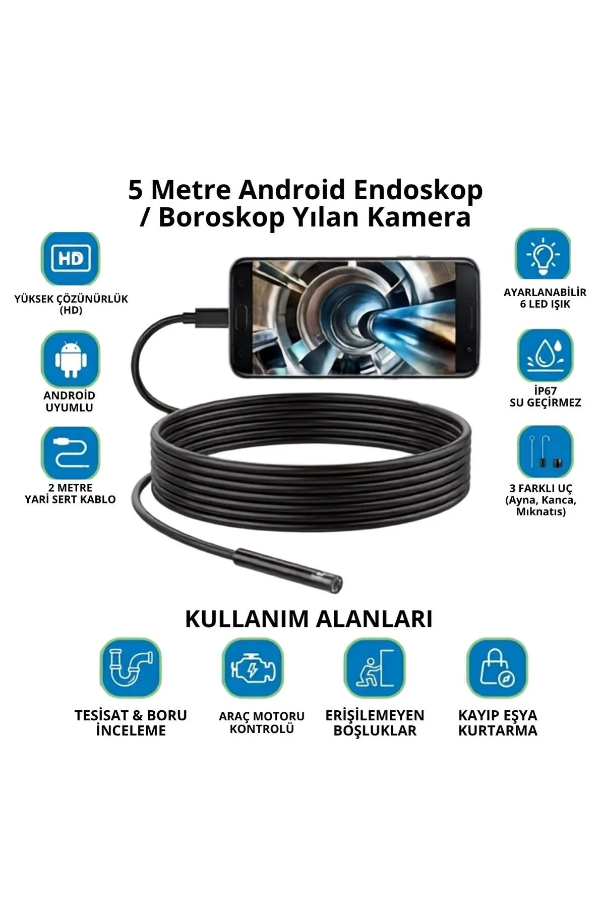 5 Metre Android Telefon Uyumlu 6 LED Işıklı Su Geçirmez Endoskop / Boroskop Yılan Kamera HD 5 Metre Android Telefon Uyumlu 6 LED Işıklı Su Geçirmez Endoskop / Boroskop Yılan Kamera HD - Görsel 5