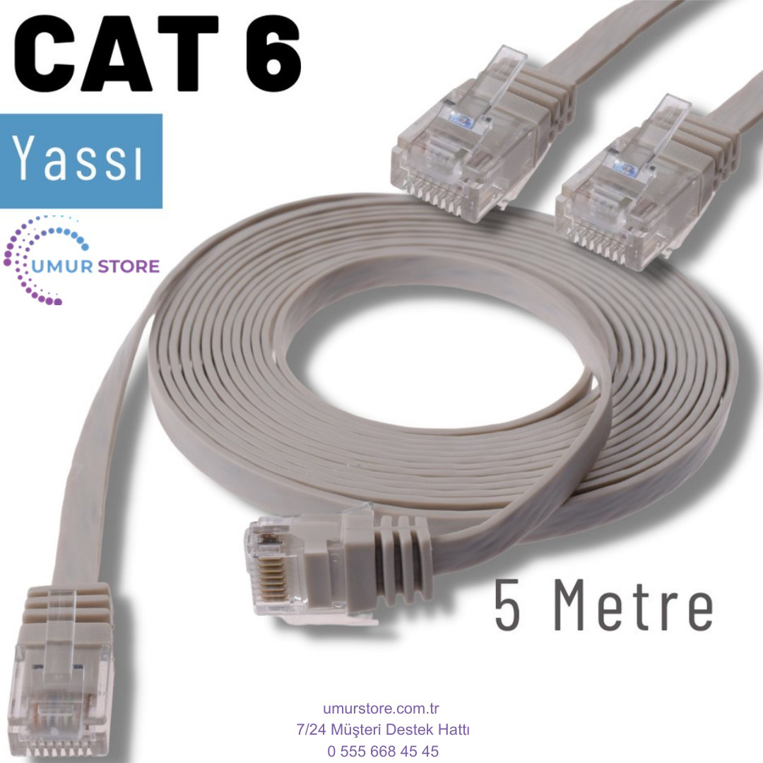 5 Metre Cat6 Kablo Yassı Ethernet Network Lan Ağ Internet Kablosu