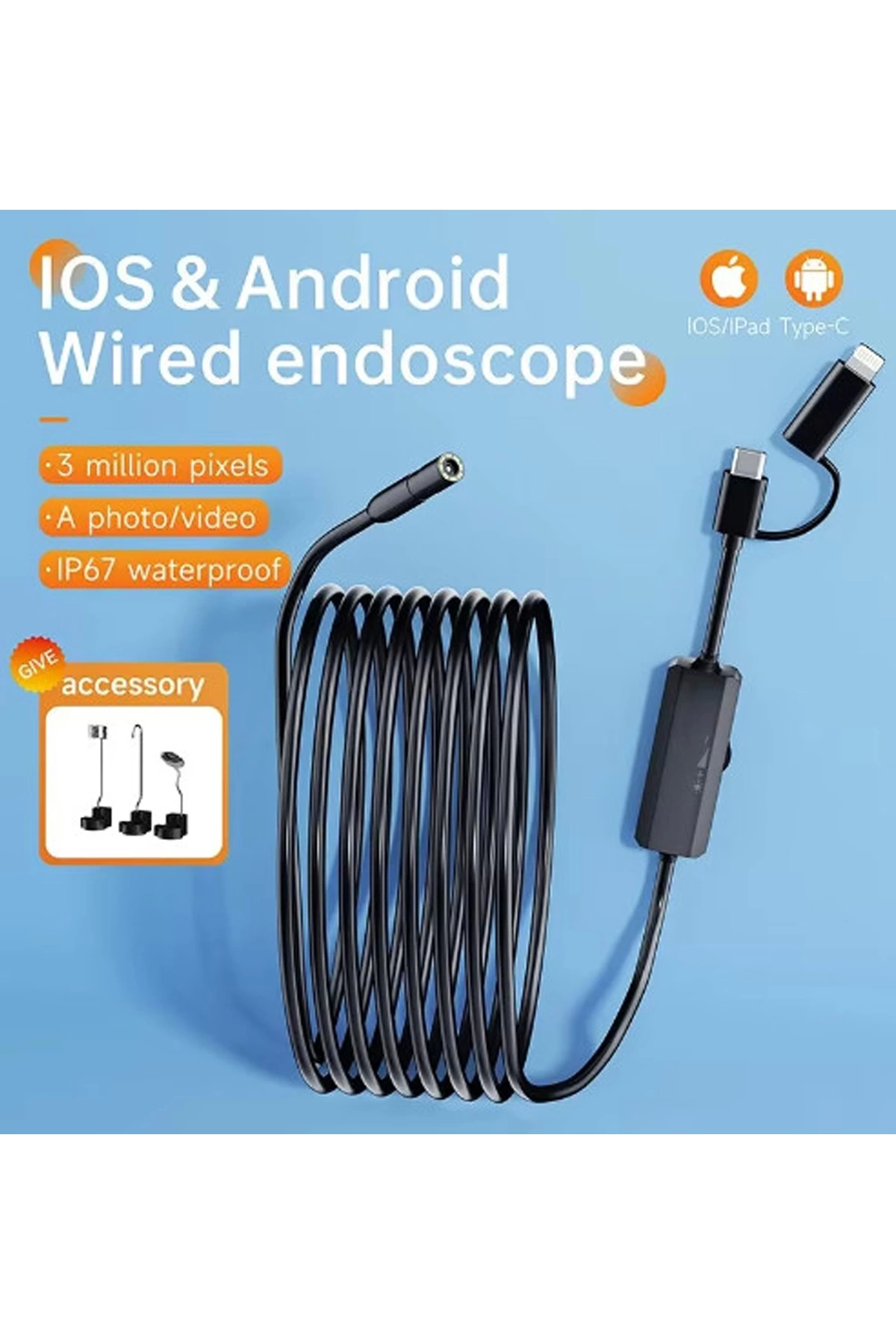 5 Metre Endoskop Yılan Video Kamera Ios Ve Android Uyumlu Led’li