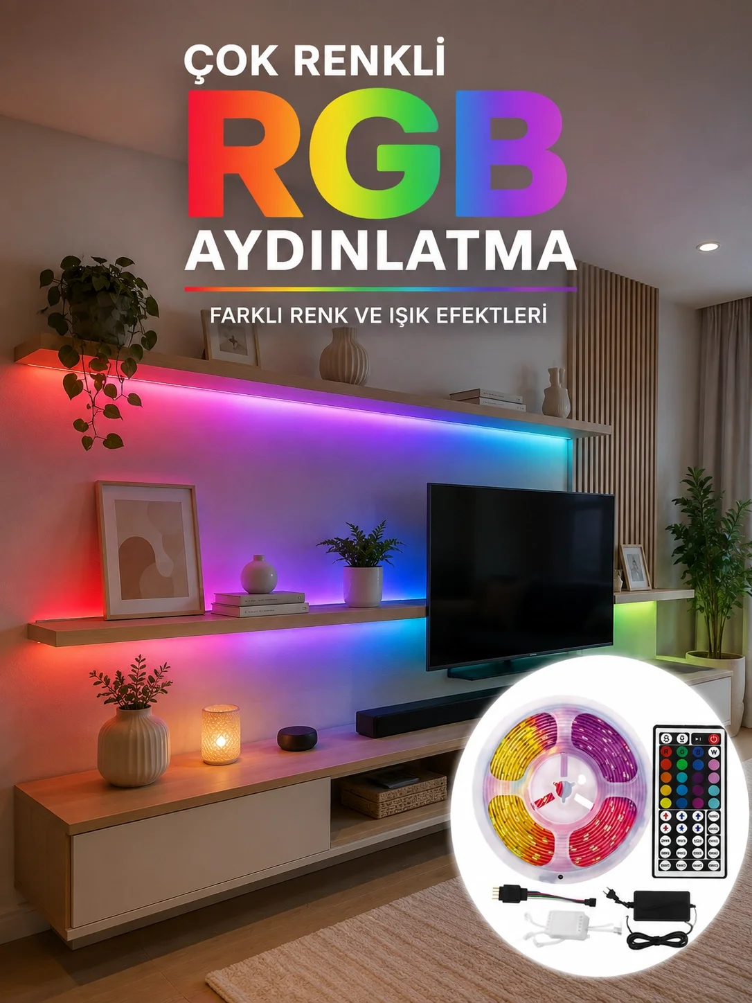 5 Metre Kumandalı RGB LED Şerit 5050 SMD 54 LED/M Renk Değiştiren Ambiyans Aydınlatma 5 Metre Kumandalı RGB LED Şerit 5050 SMD 54 LED/M Renk Değiştiren Ambiyans Aydınlatma
