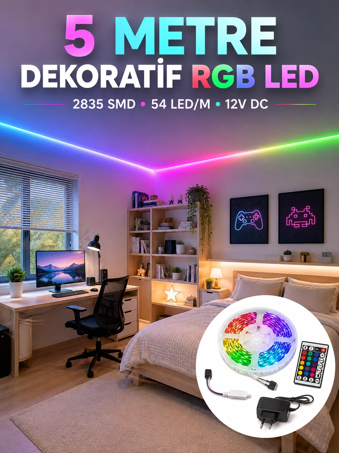 5 Metre RGB Şerit LED 2835 SMD 54 LED/M Uzaktan Kumandalı Dekoratif Aydınlatma 5 Metre RGB Şerit LED 2835 SMD 54 LED/M Uzaktan Kumandalı Dekoratif Aydınlatma