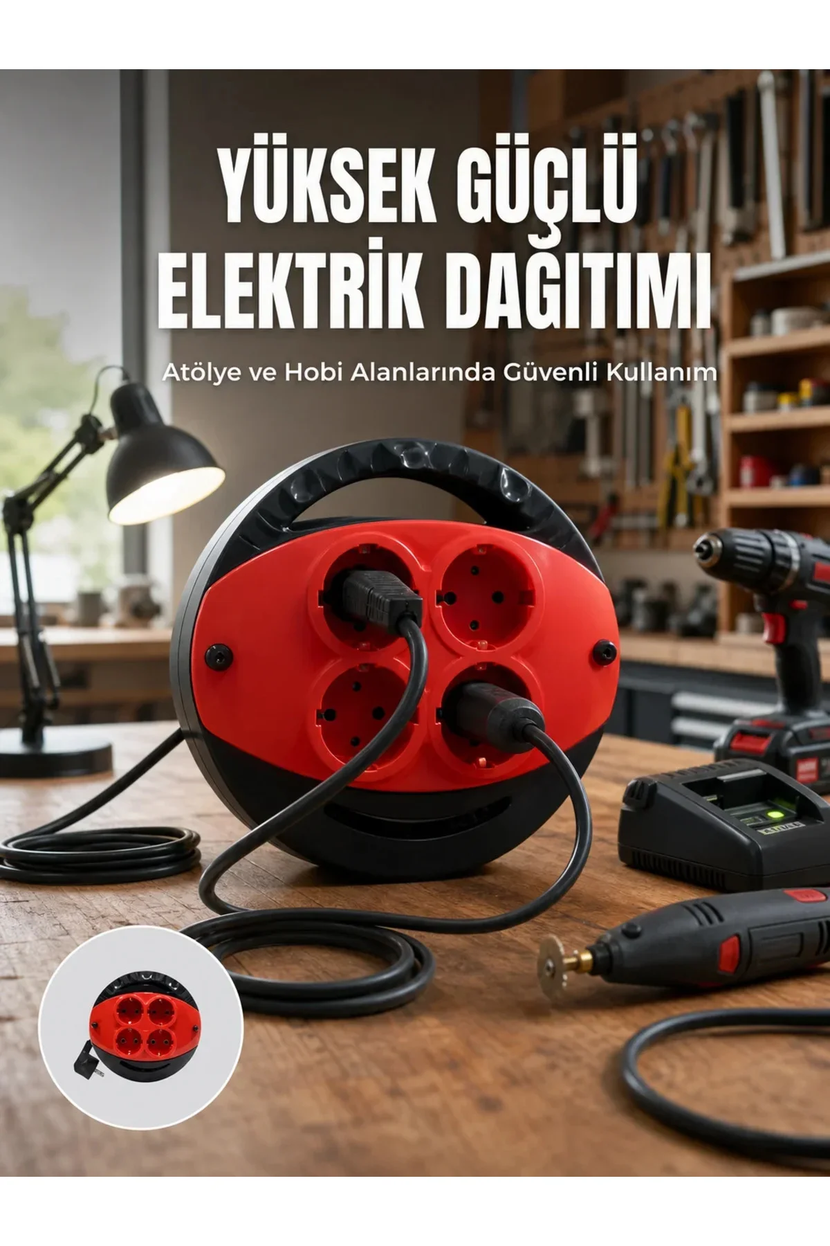 5 Metre Uzatma Kablolu 4 Prizli Makara Kırmızı 5 Metre Uzatma Kablolu 4 Prizli Makara Kırmızı