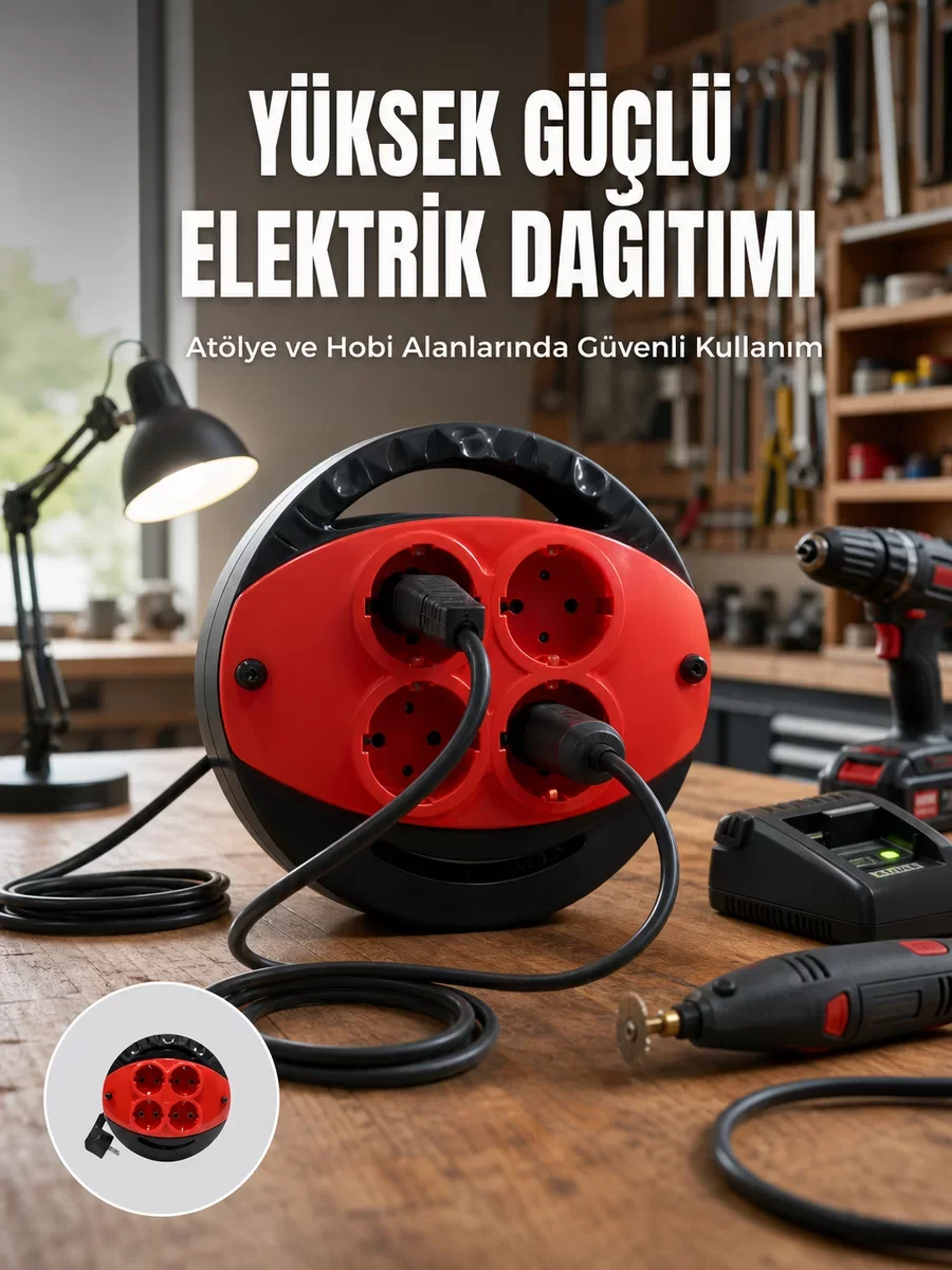 5 Metre Uzatma Kablolu 4 Prizli Makara Kırmızı