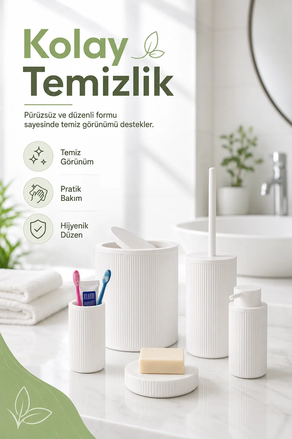 5 Parça Beyaz Banyo Seti Diş Fırçalık Çöp Kovası Sabunluk Sıvı Sabunluk Tuvalet Fırçası