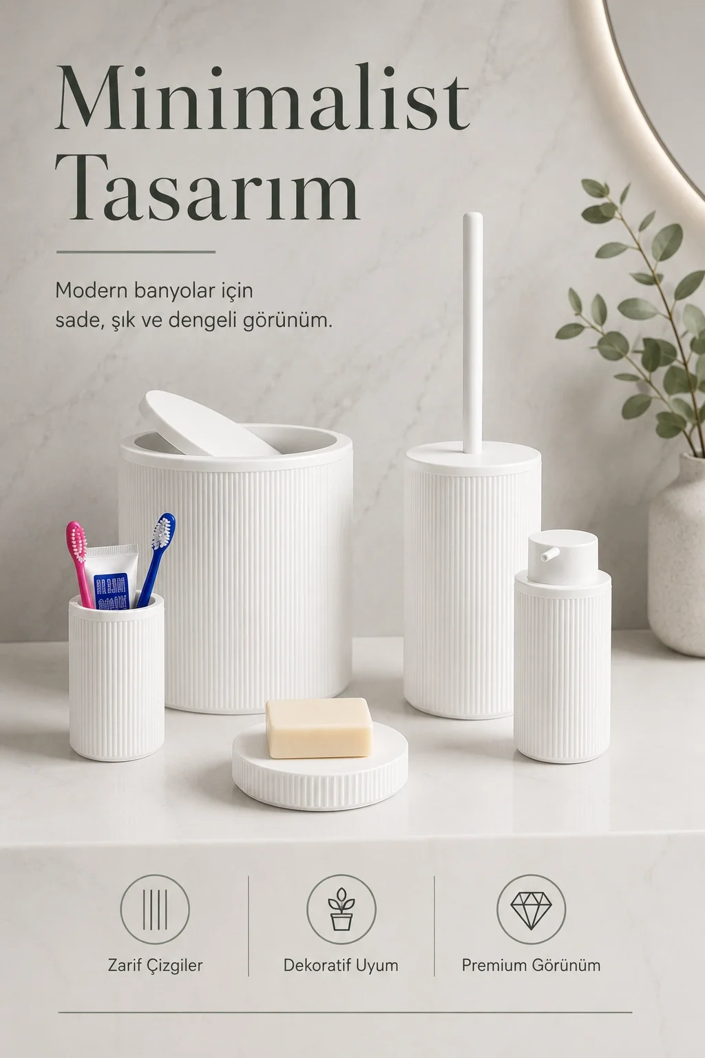 5 Parça Beyaz Banyo Seti Diş Fırçalık Çöp Kovası Sabunluk Sıvı Sabunluk Tuvalet Fırçası