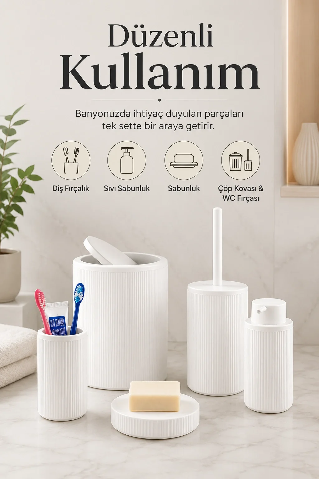 5 Parça Beyaz Banyo Seti Diş Fırçalık Çöp Kovası Sabunluk Sıvı Sabunluk Tuvalet Fırçası