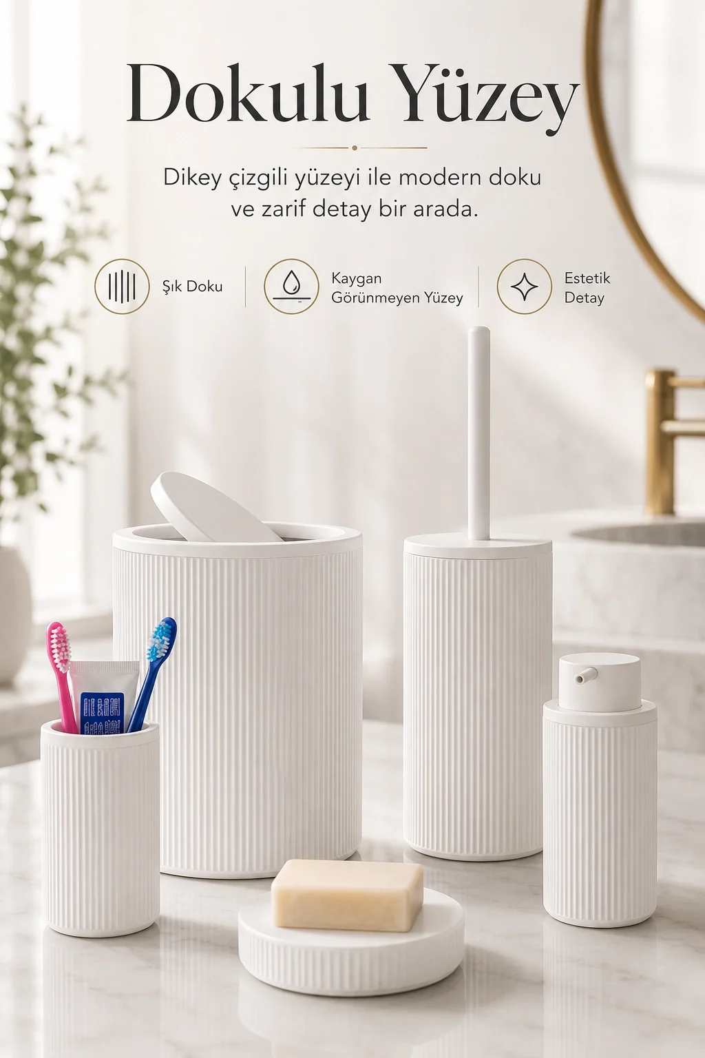5 Parça Beyaz Banyo Seti Diş Fırçalık Çöp Kovası Sabunluk Sıvı Sabunluk Tuvalet Fırçası
