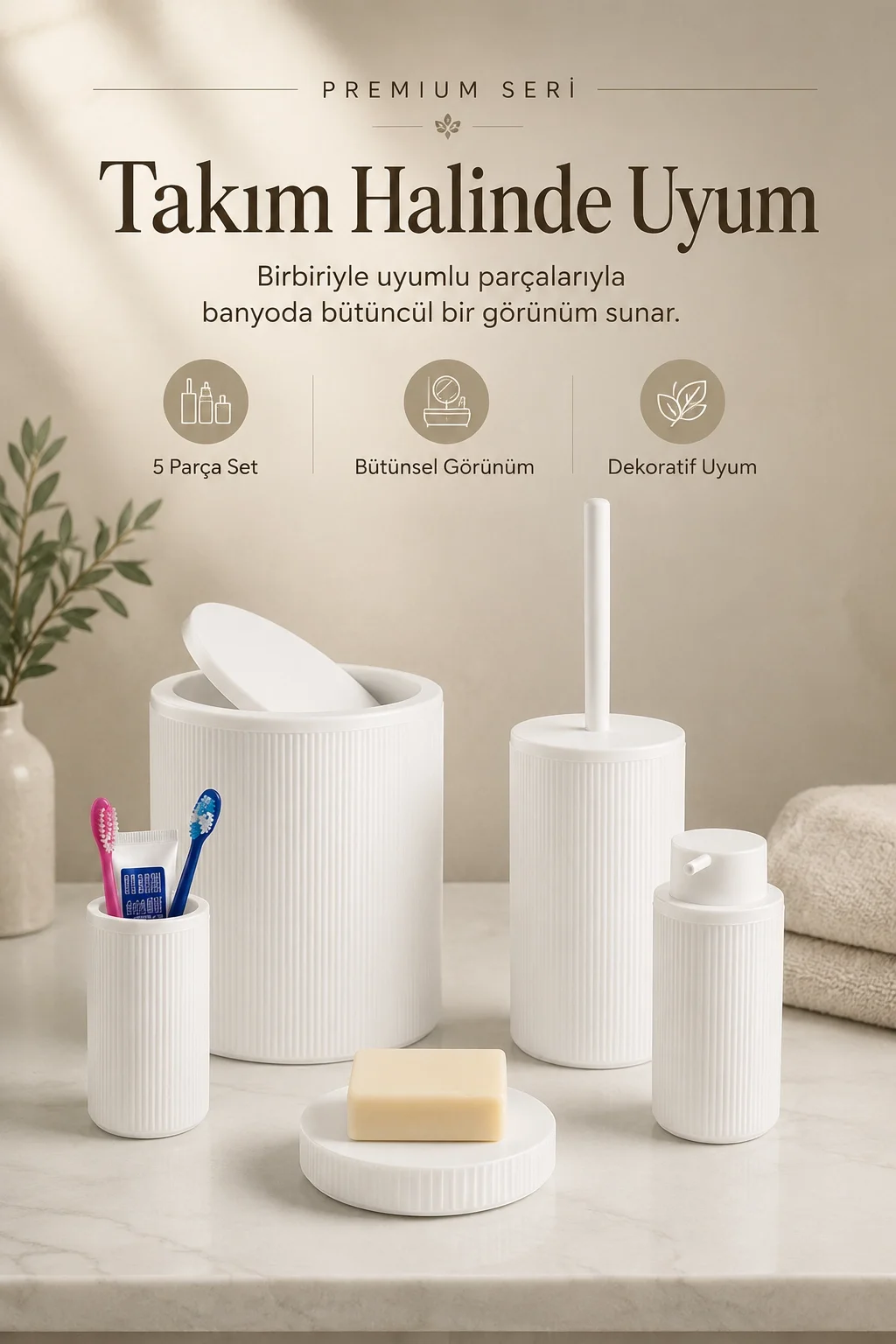 5 Parça Beyaz Banyo Seti Diş Fırçalık Çöp Kovası Sabunluk Sıvı Sabunluk Tuvalet Fırçası