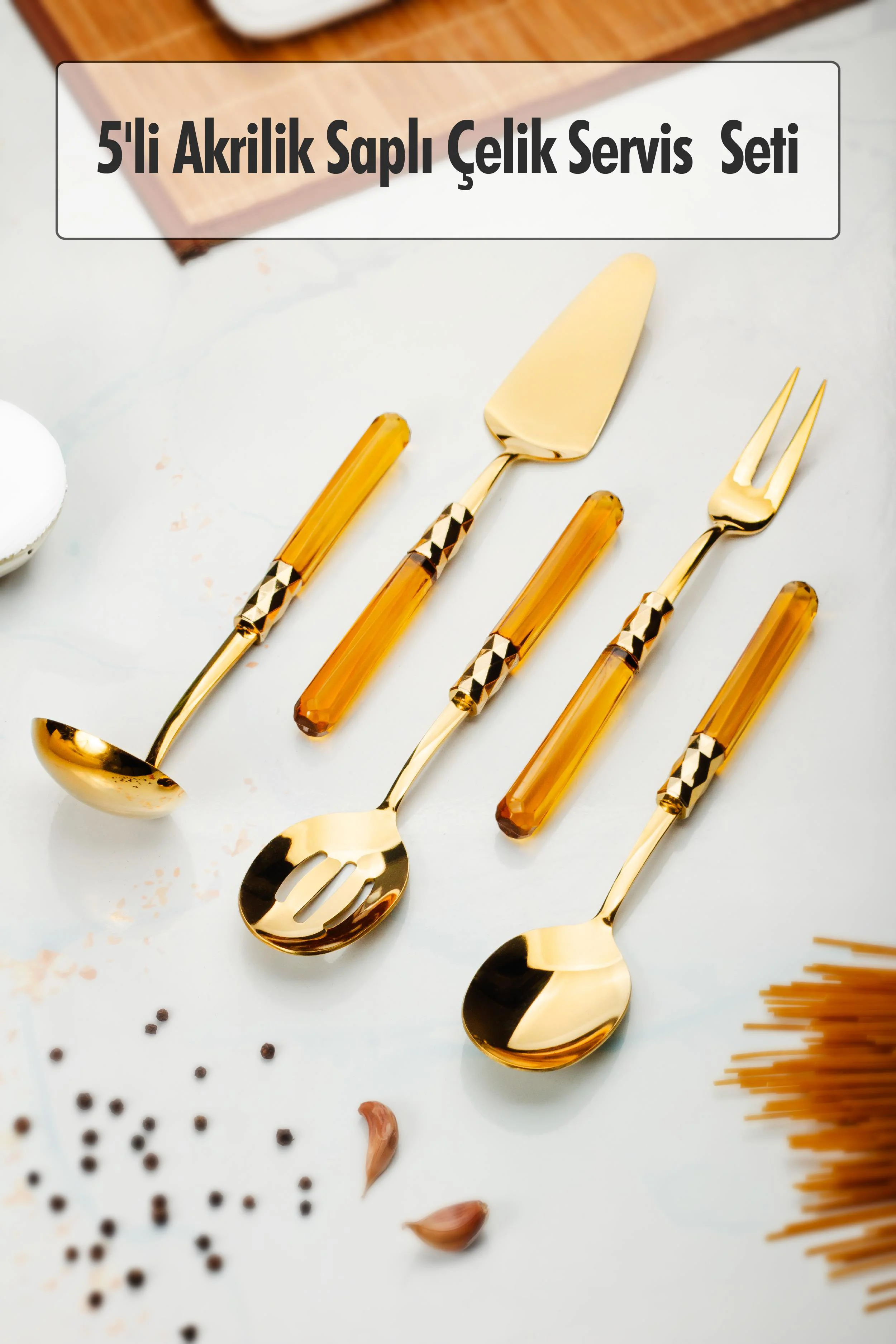 5 Parça Gold Servis Seti &amp; Servis Sunum Seti Amber ( Kepçe / Kevgir / Sıpatula / Çatal / Kaşık )