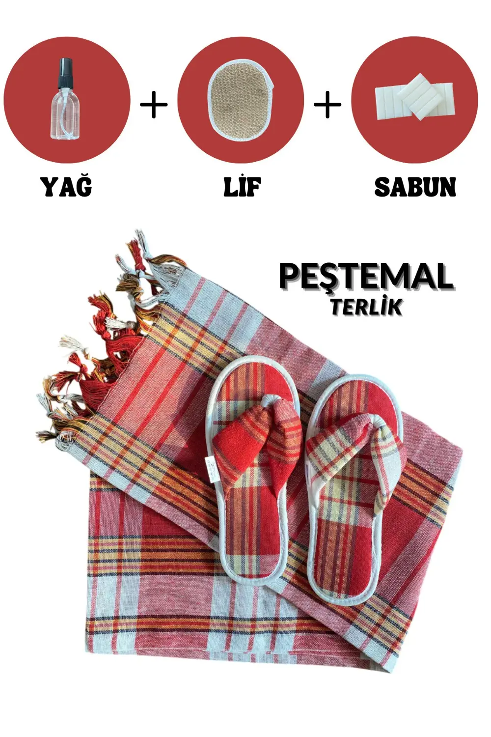 5 Parça Hamam Peştemal Seti Kırmızı 80x180 Cm 5 ADET