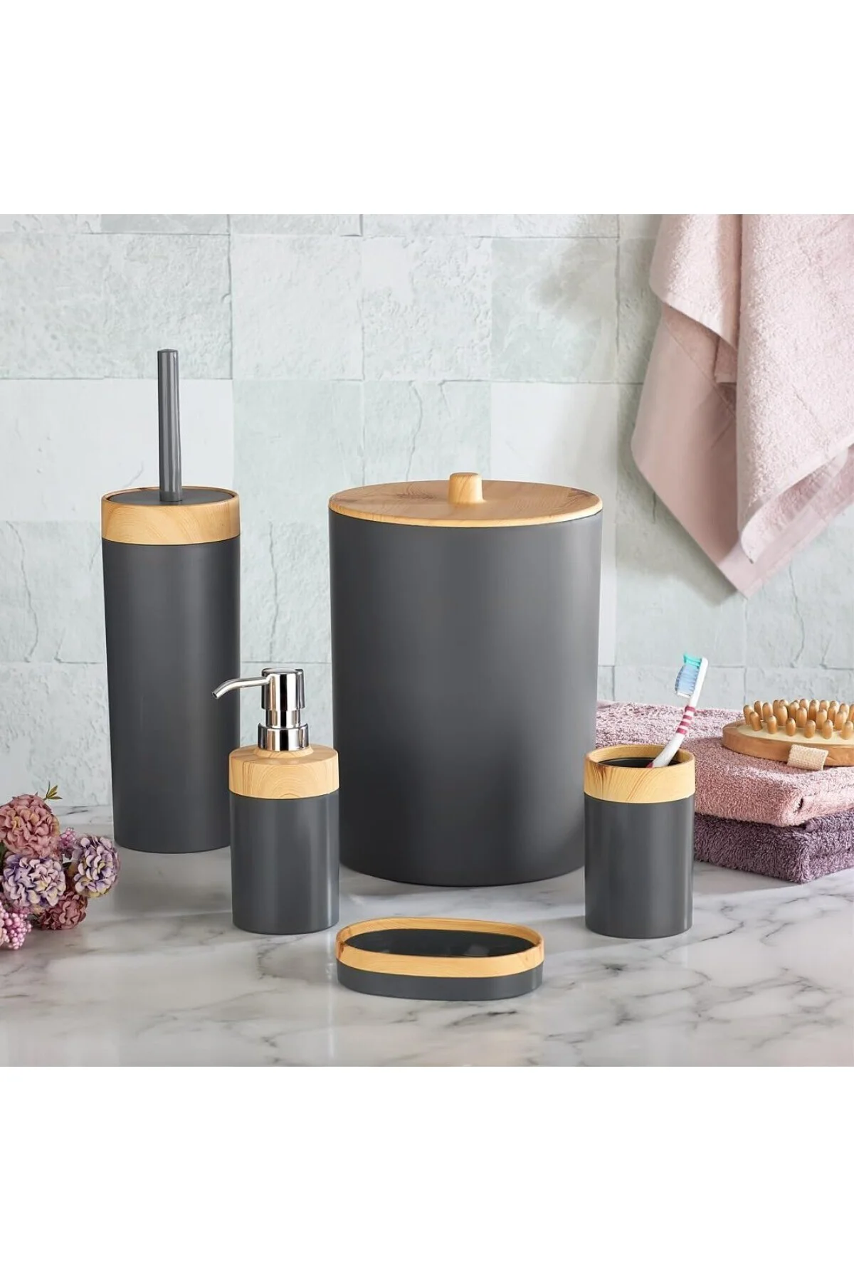 5 Parça Lüx Bambu Görünümlü Banyo Seti | 10 Litre Çöp Kovası ve T