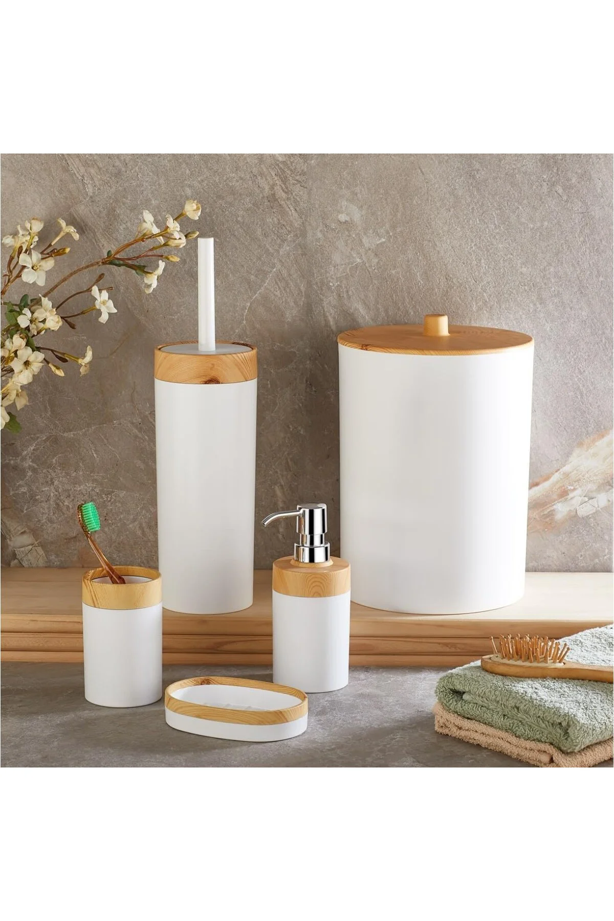 5 Parça Lüx Bambu Görünümlü Banyo Seti | 10 Litre Çöp Kovası ve T