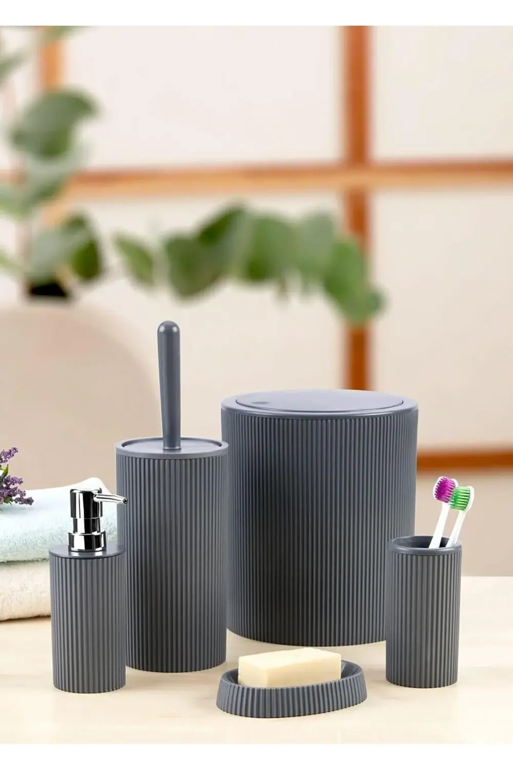 5 Parça Lüx Plastik Banyo Seti 7 Litre Dokunmatik Çöp Kovalı, Fır