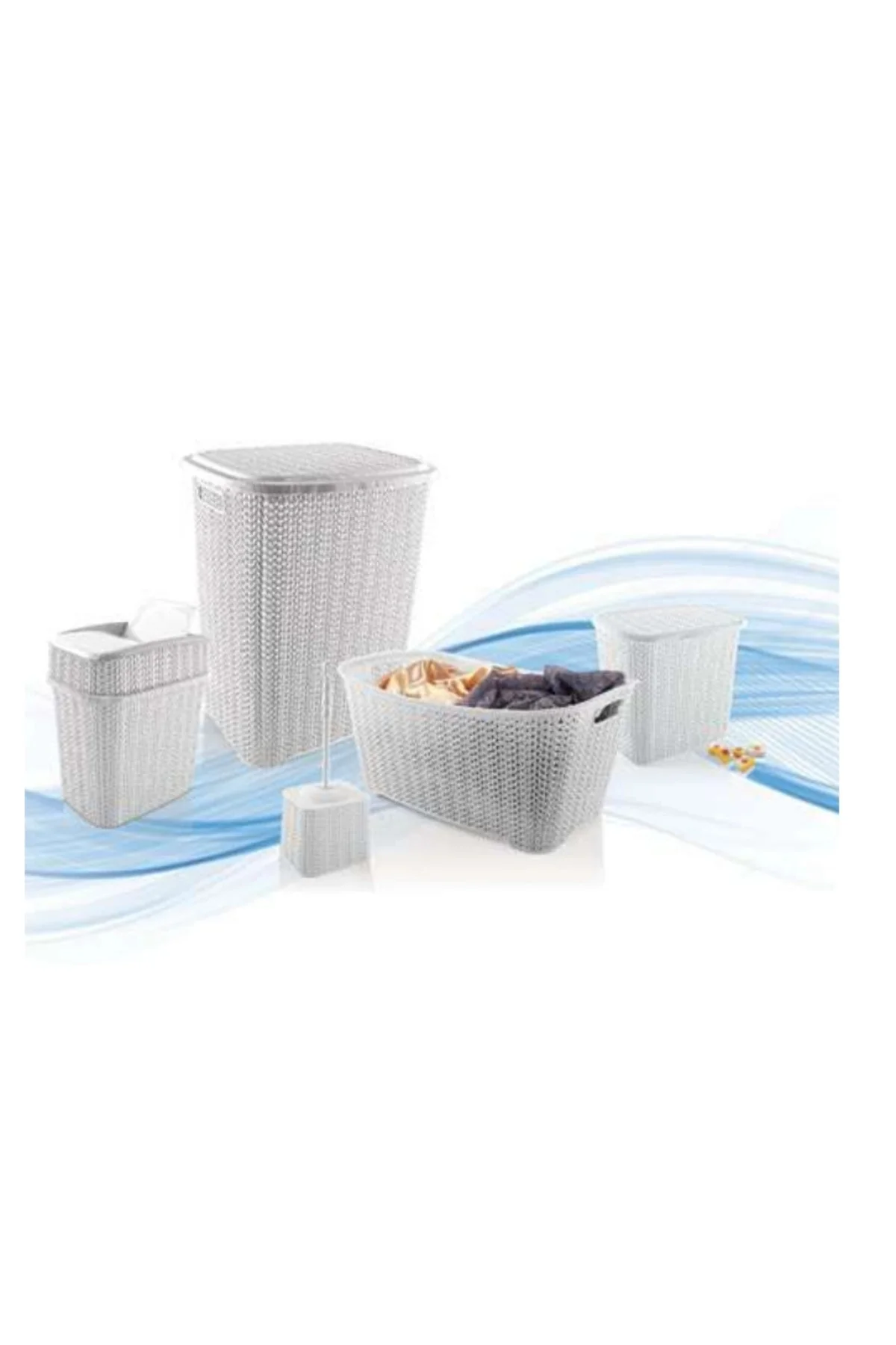 5 Parça Örgü Desenli Plastik Banyo Seti Çamaşır Sepeti Deterjanlık Çöp Kovası Klozet Fırçası - Gri 5 Parça Örgü Desenli Plastik Banyo Seti Çamaşır Sepeti Deterjanlık Çöp Kovası Klozet Fırçası - Gri