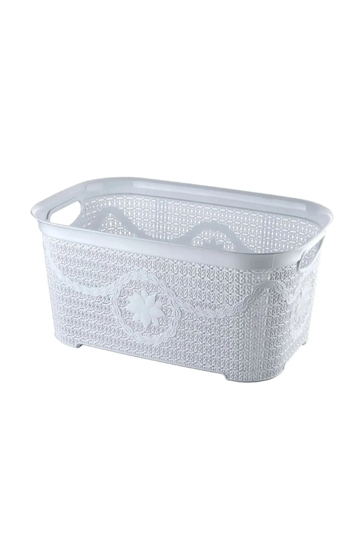 5 Parça Örgü Desenli Plastik Banyo Seti Çamaşır Sepeti Deterjanlık Kovası Klozet Fırçası - Mor