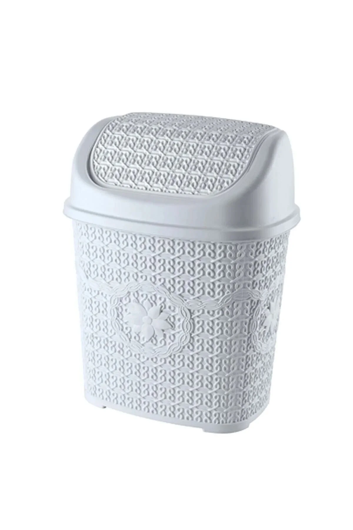 5 Parça Örgü Desenli Plastik Banyo Seti Çamaşır Sepeti Deterjanlık Çöp Kovası Klozet Fırçası - Gri