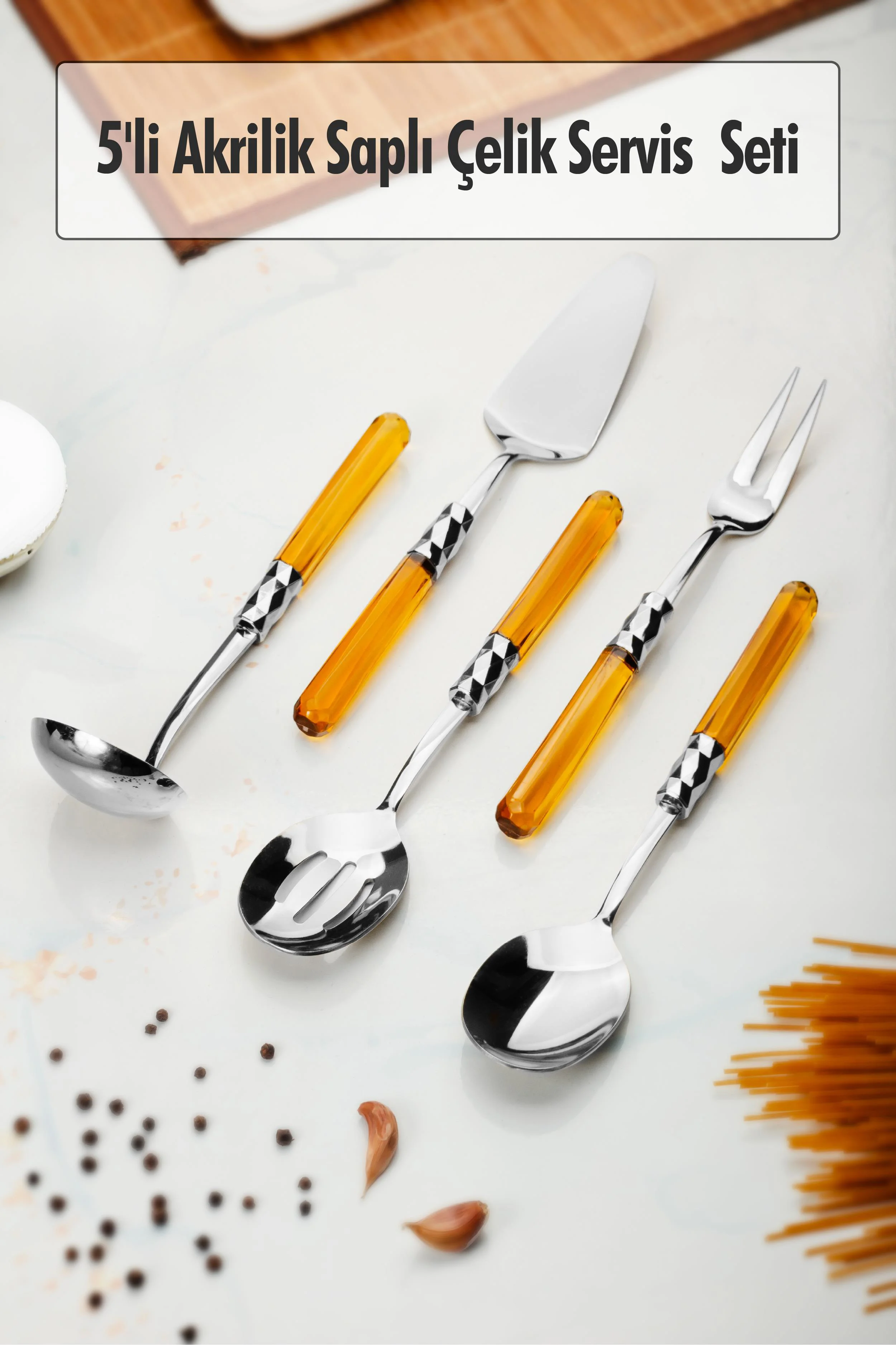 5 Parça Platin Servis Seti & Servis Sunum Seti Amber ( Kepçe / Kevgir / Sıpatula / Çatal / Kaşık ) 5 Parça Platin Servis Seti & Servis Sunum Seti Amber ( Kepçe / Kevgir / Sıpatula / Çatal / Kaşık )