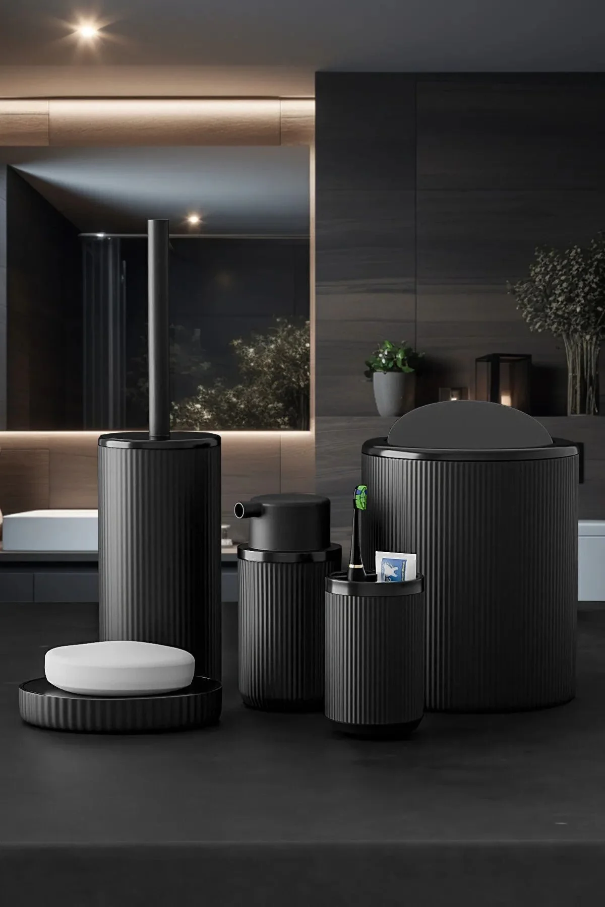 5 Parça Siyah Çizgili Yuvarlak 5'li Eco Banyo Seti Çöp Kovası Tuvalet Fırçası Sabunluk Diş Fırçalık