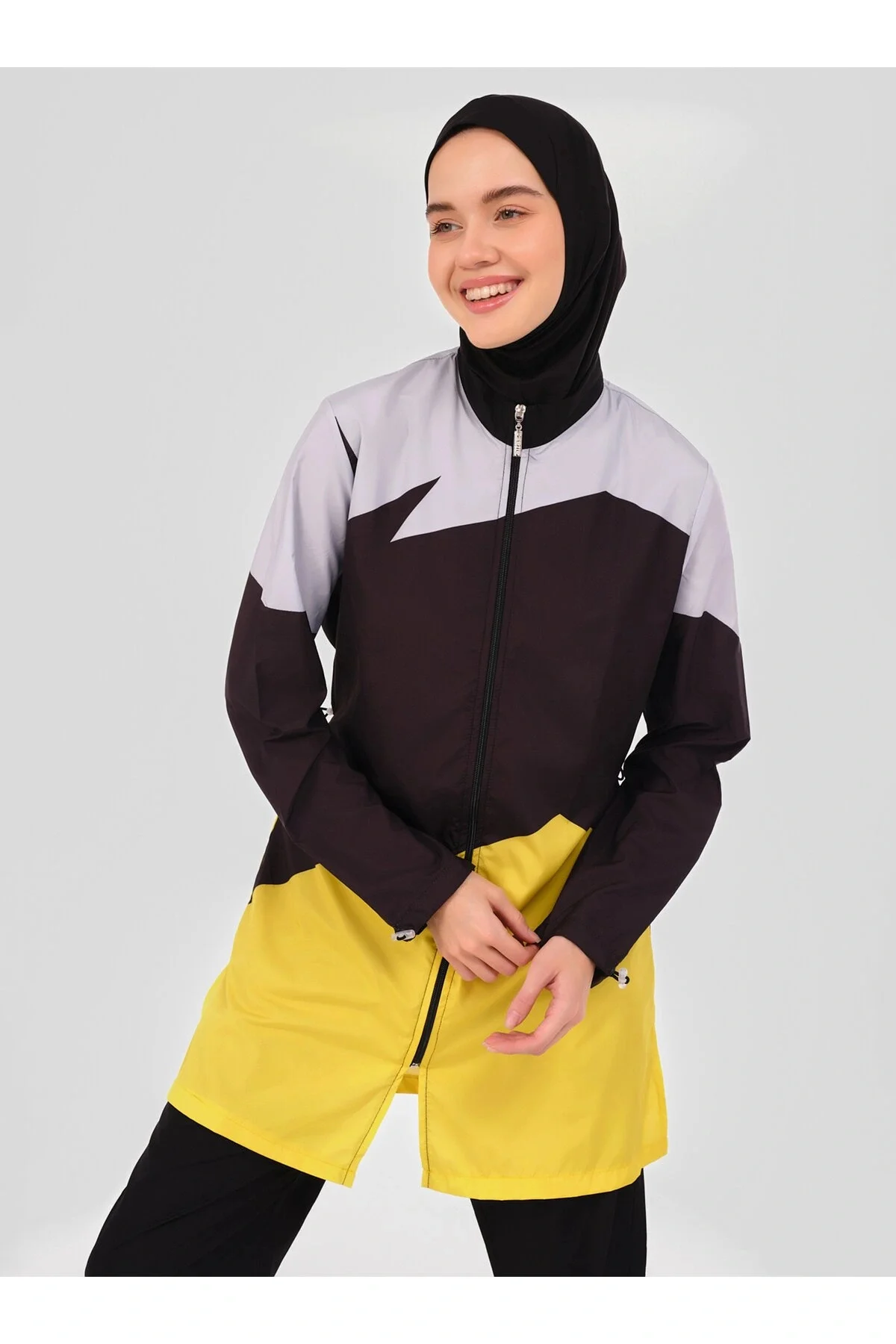 5 Parçalı Su İtici Paraşüt Kumaş Tam Kapalı Asimetrik Desenli Tesettürlü Mayo Spor Tunik Set - Görsel 3