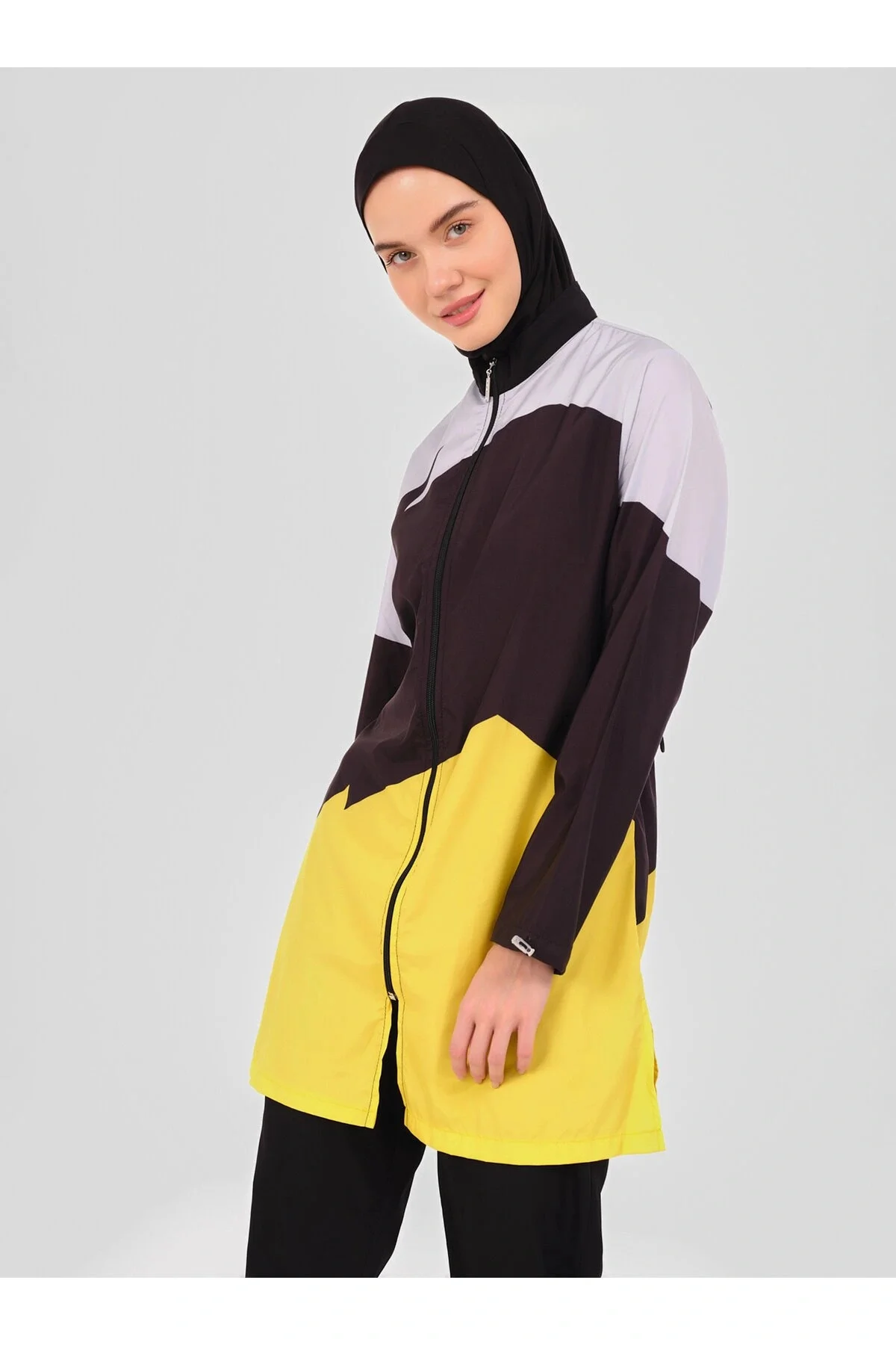 5 Parçalı Su İtici Paraşüt Kumaş Tam Kapalı Asimetrik Desenli Tesettürlü Mayo Spor Tunik Set - Görsel 2
