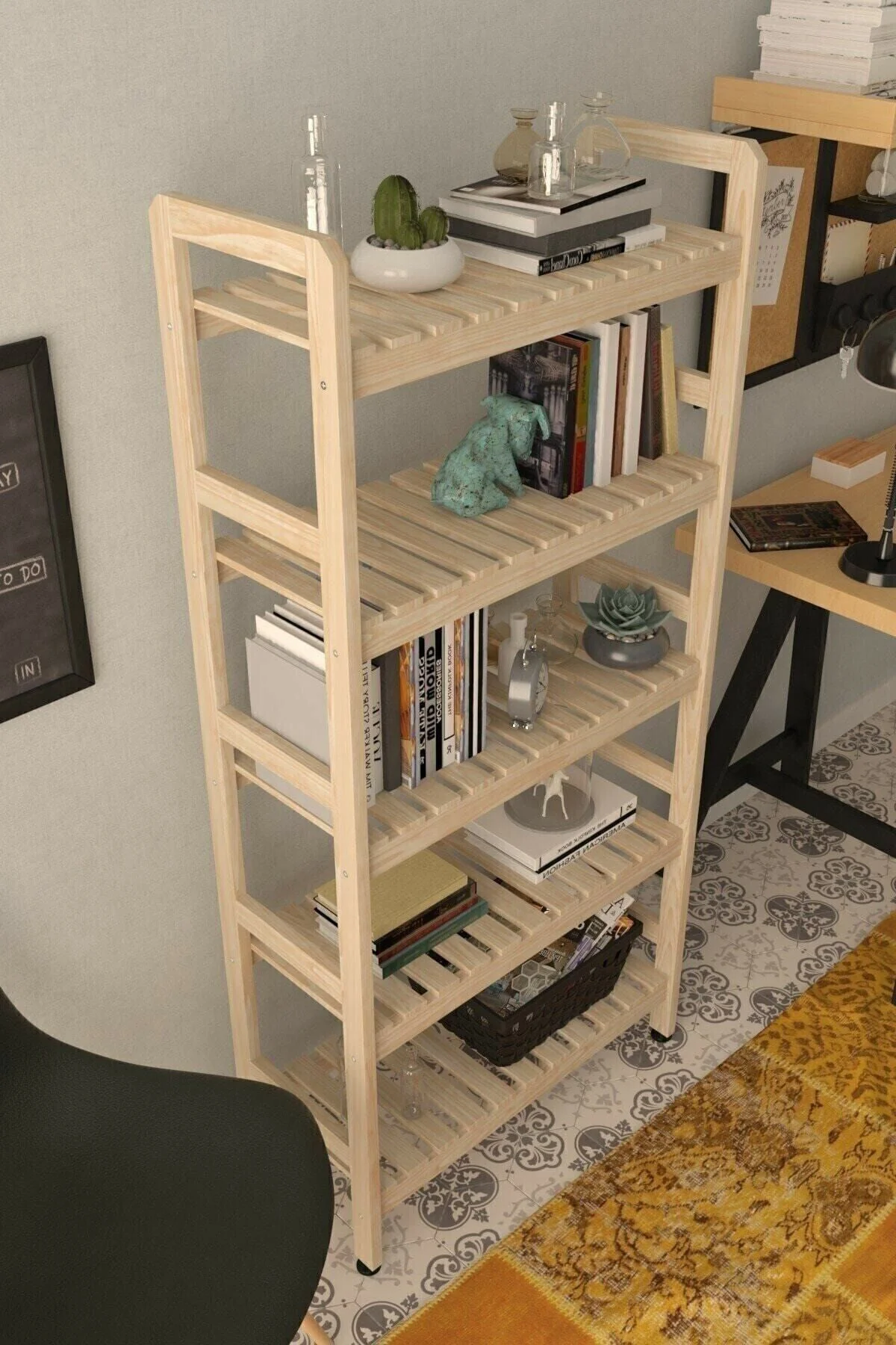 5 Raflı Ahşap Kitaplık & Çok Amaçlı Dolap 144x68x30 Cm