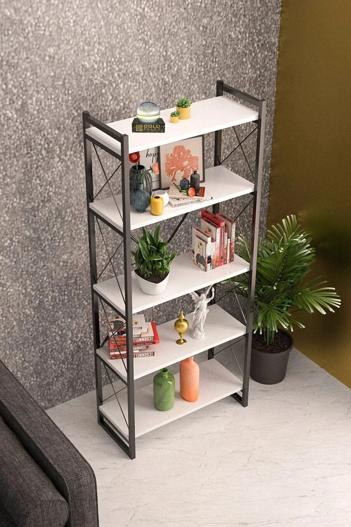 5 Raflı Kitaplık Beyaz