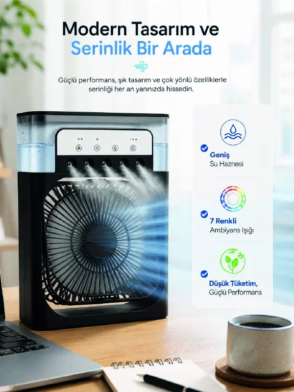 5 Sisleme Modlu Püskürtmeli Masaüstü Fan 7 Renkli Işık - Ev Ofis Serinletici