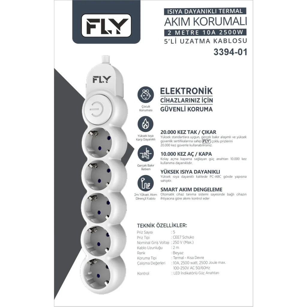 5 Soket Akım Korumalı Priz 2.1A Anahtarlı Beyaz 2m Kablo