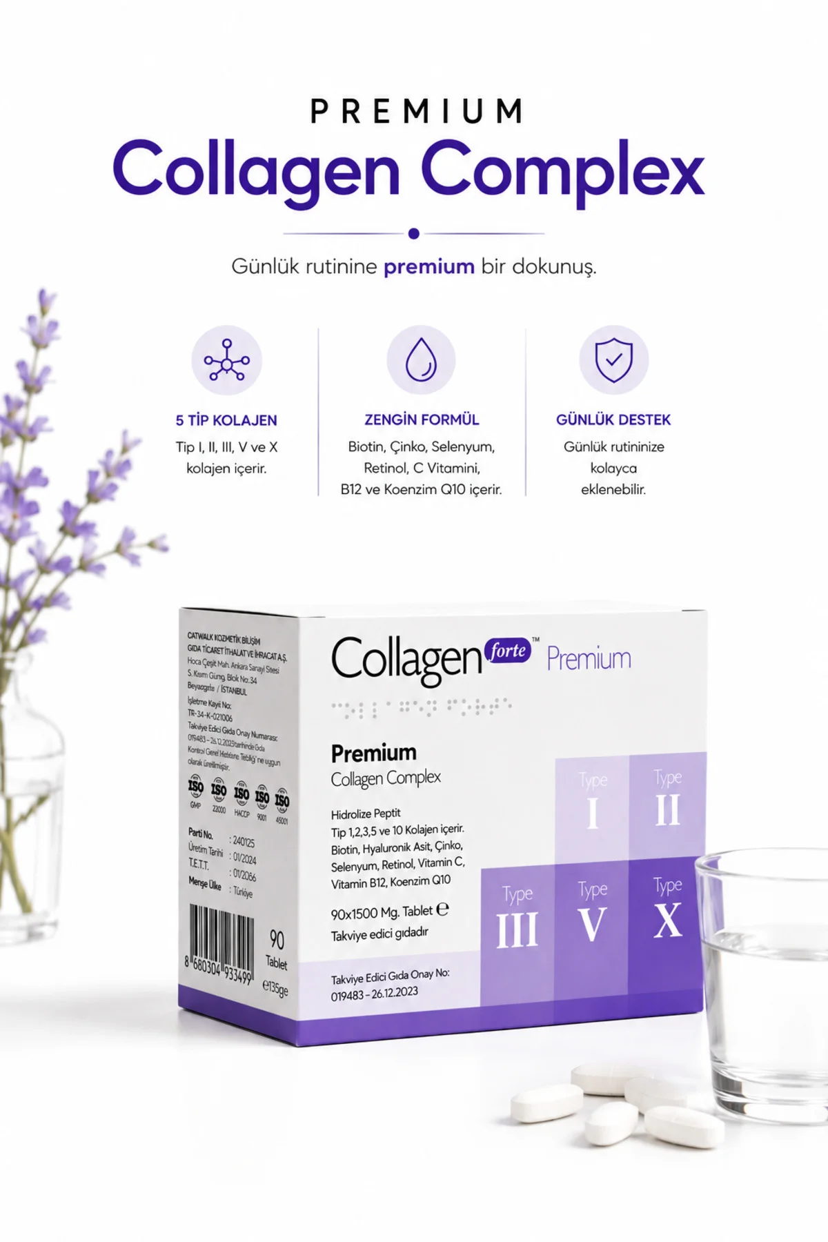 5 Tip Kolajen 90 Tablet, Biotin, C Vitamini, Vitamin B12, Diyet Desteği