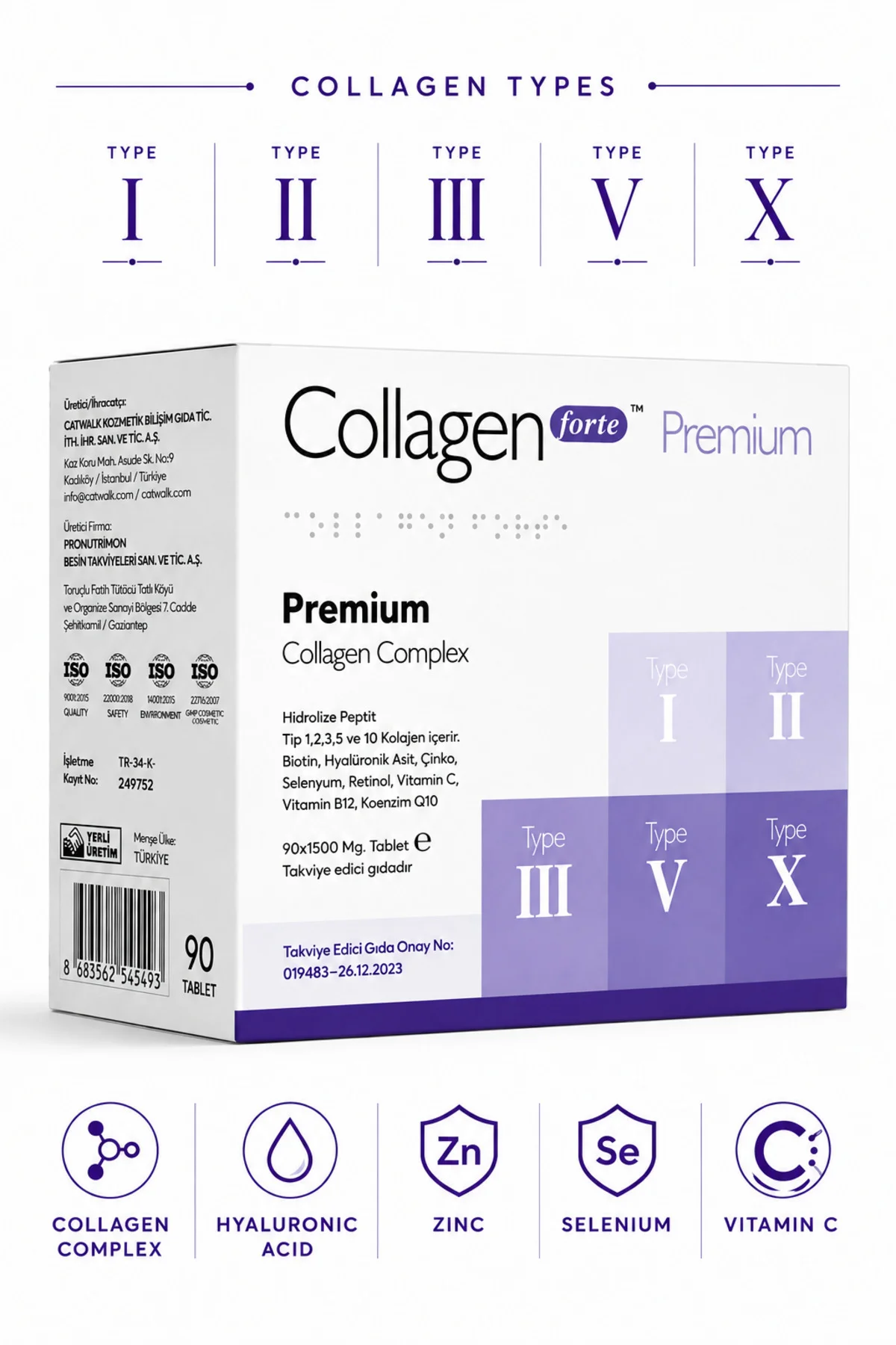 5 Tip Kolajen 90 Tablet, Biotin, C Vitamini, Vitamin B12, Diyet Desteği