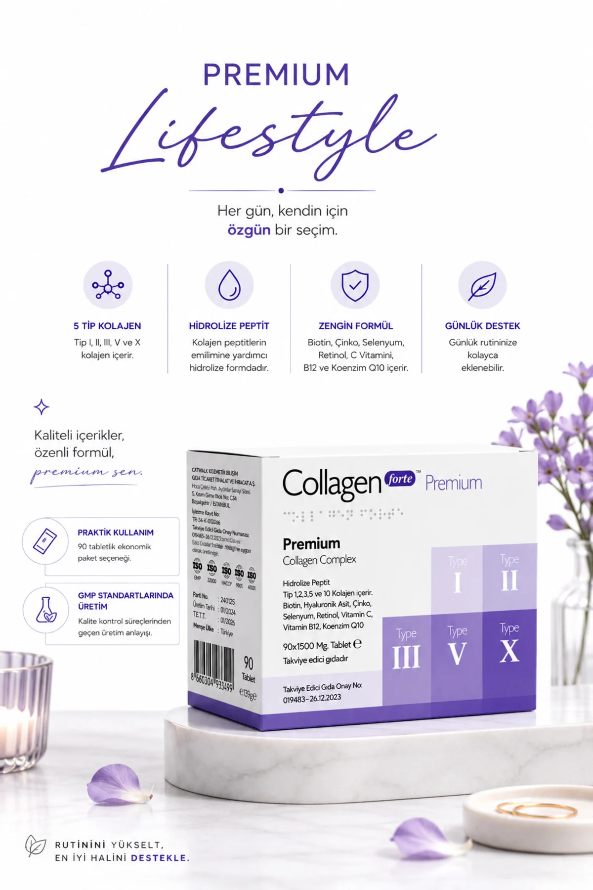 5 Tip Kolajen 90 Tablet, Biotin, C Vitamini, Vitamin B12, Diyet Desteği