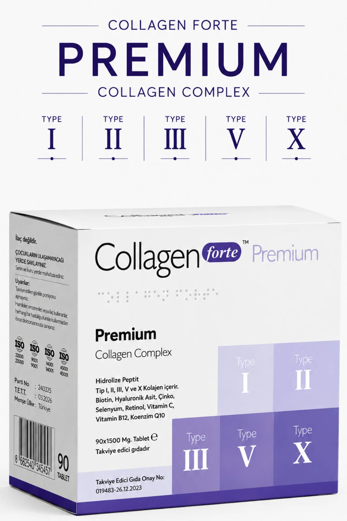 5 Tip Kolajen 90 Tablet, Biotin, C Vitamini, Vitamin B12, Diyet Desteği