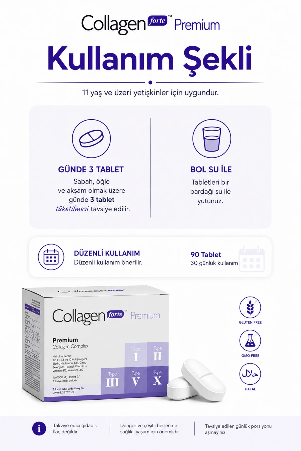 5 Tip Kolajen 90 Tablet, Biotin, C Vitamini, Vitamin B12, Diyet Desteği