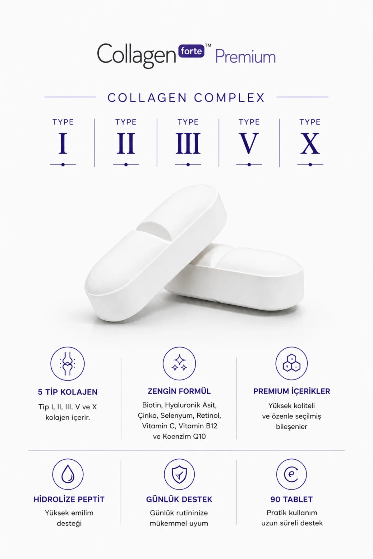 5 Tip Kolajen 90 Tablet, Biotin, C Vitamini, Vitamin B12, Diyet Desteği