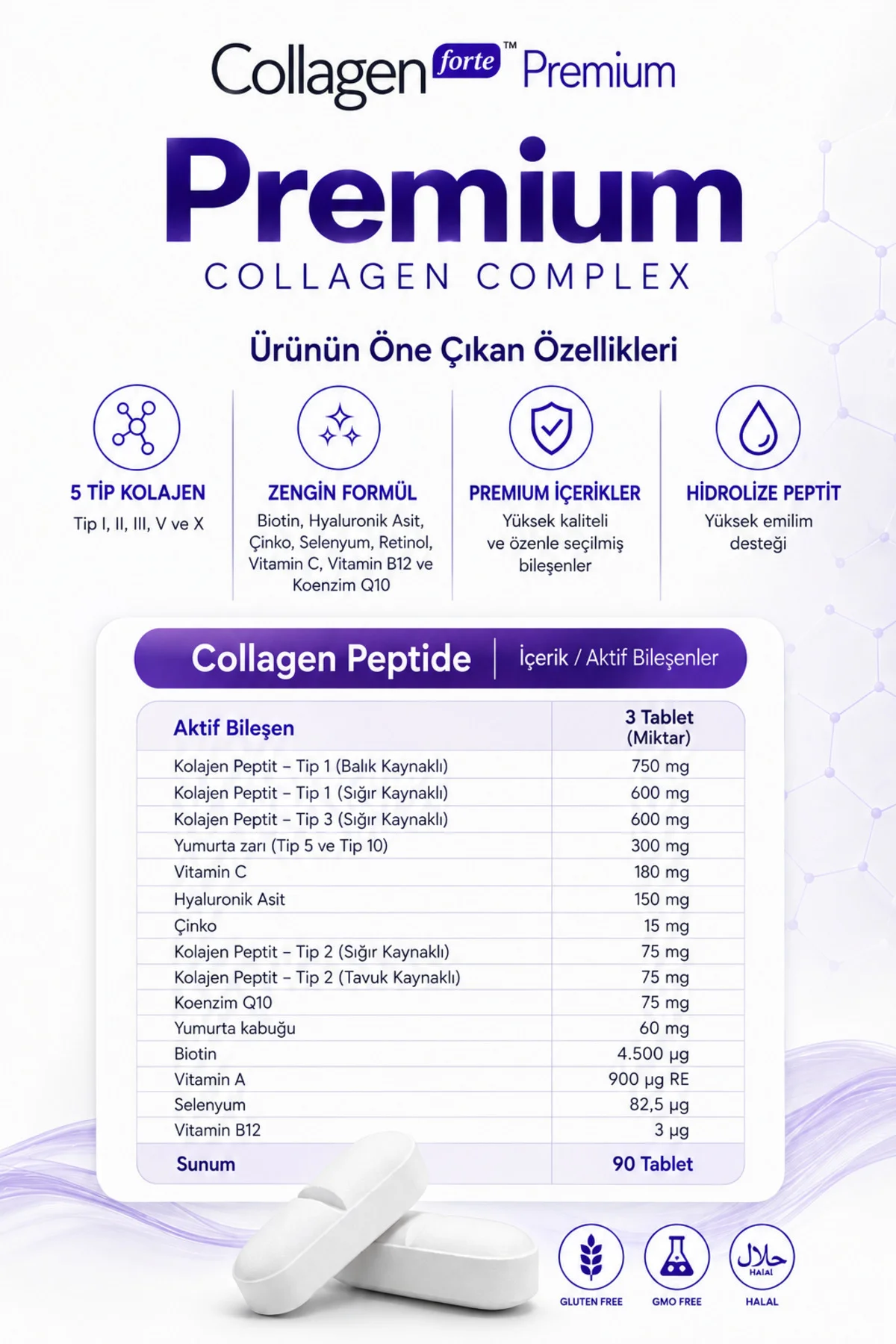 5 Tip Kolajen 90 Tablet, Biotin, C Vitamini, Vitamin B12, Diyet Desteği