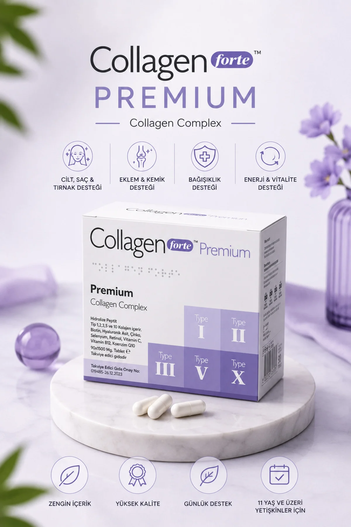 5 Tip Kolajen, Biotin, C Vitamini, Vitamin B12, Diyet Desteği 90 Tablet