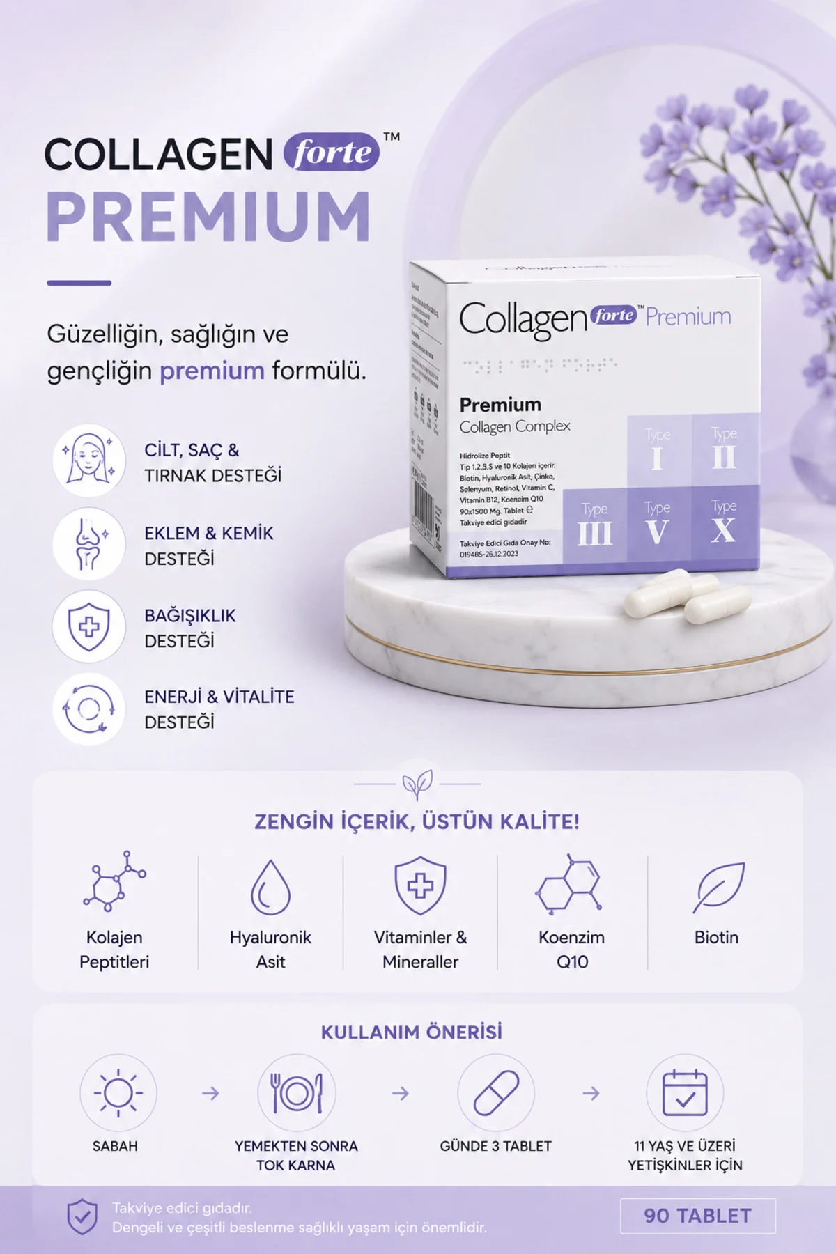 5 Tip Kolajen, Biotin, C Vitamini, Vitamin B12, Diyet Desteği 90 Tablet