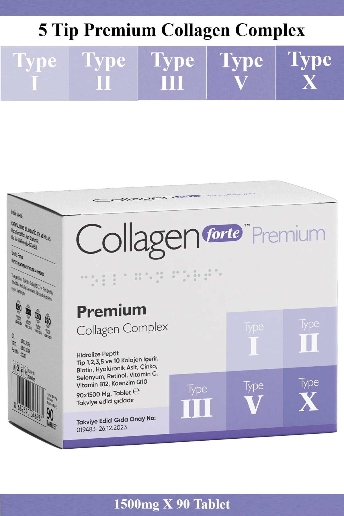 5 Tip Kolajen, Biotin, C Vitamini, Vitamin B12, Diyet Desteği 90 
