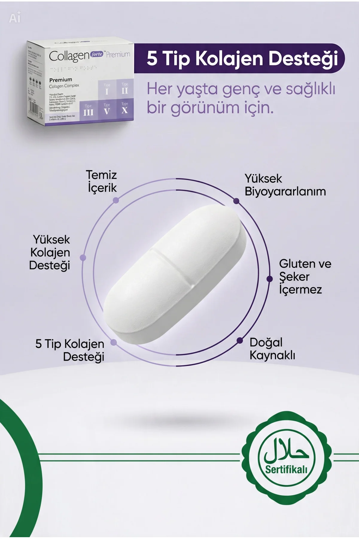 5 Tip Kolajen, Biotin, C Vitamini, Vitamin B12, Diyet Desteği 90 Tablet