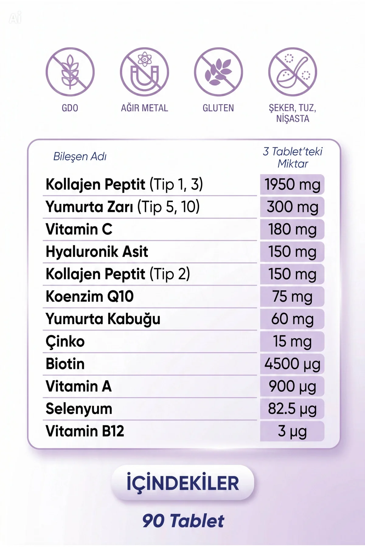 5 Tip Kolajen, Biotin, C Vitamini, Vitamin B12, Diyet Desteği 90 Tablet