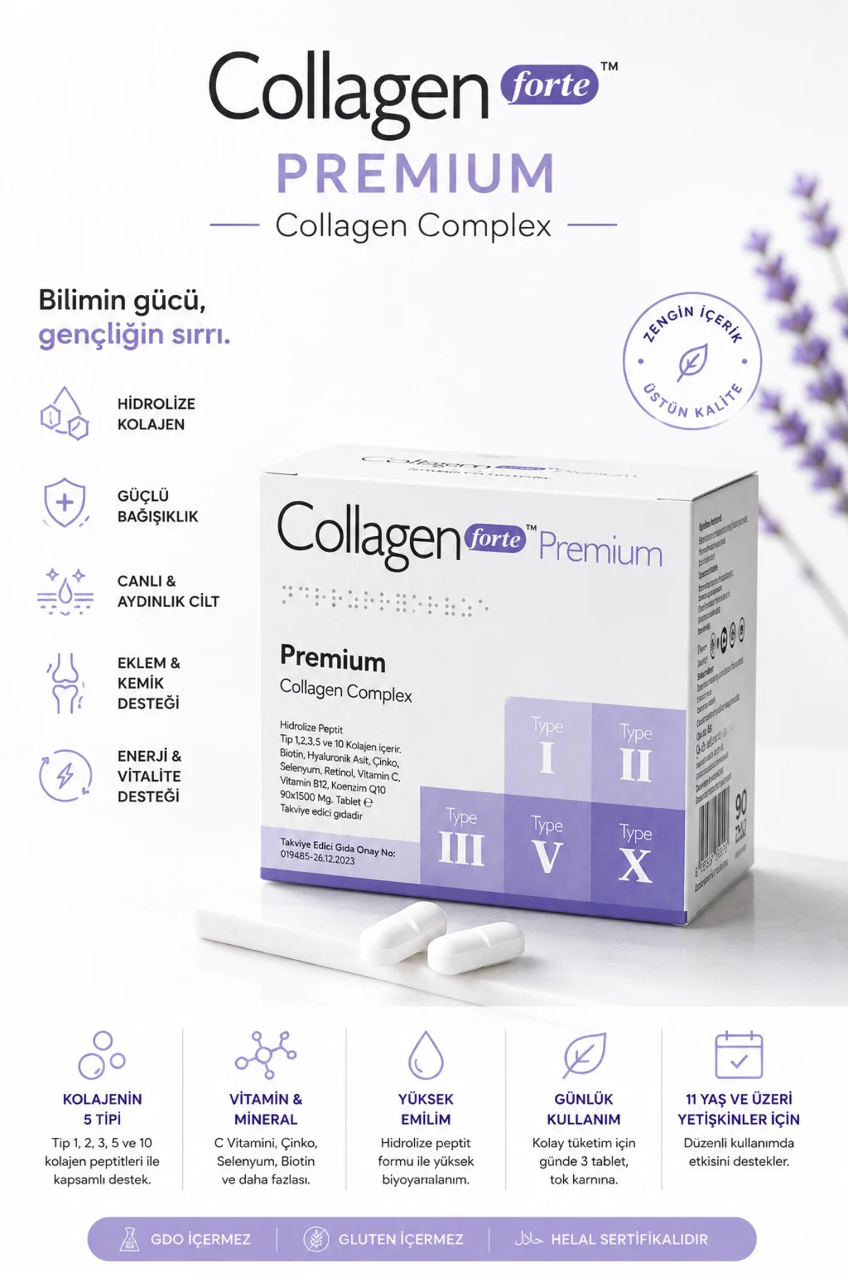 5 Tip Kolajen, Biotin, C Vitamini, Vitamin B12, Diyet Desteği 90 Tablet