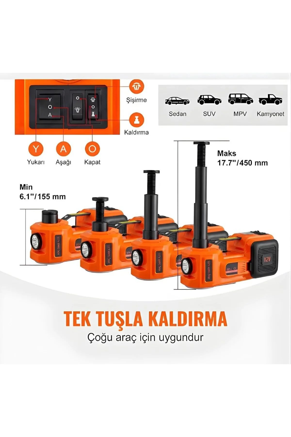 5 Ton Elektrikli Kriko Seti 12V, 3’ü 1 Arada Hidrolik Araç Krikos